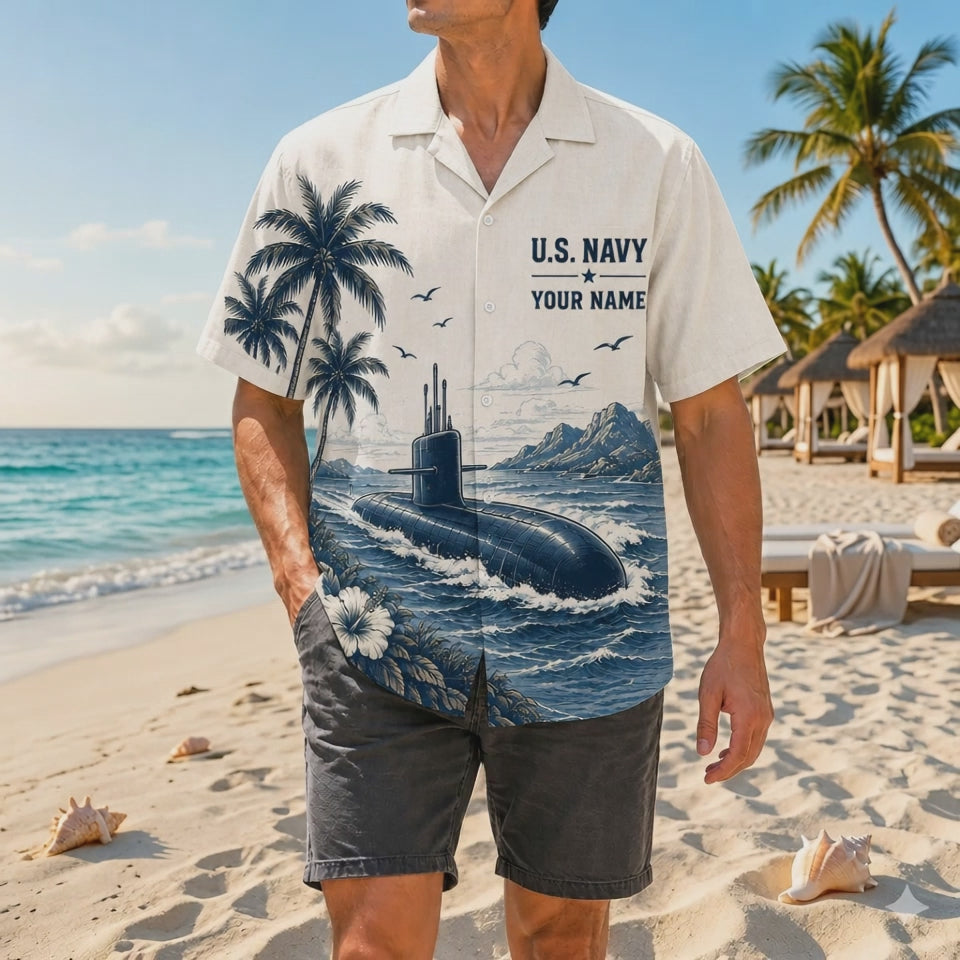Video preview displaying the high-definition monochrome printing, premium woven fabric texture, and relaxed fit of the custom USS Hampton SSN-767 US Navy Cream Hawaiian shirt