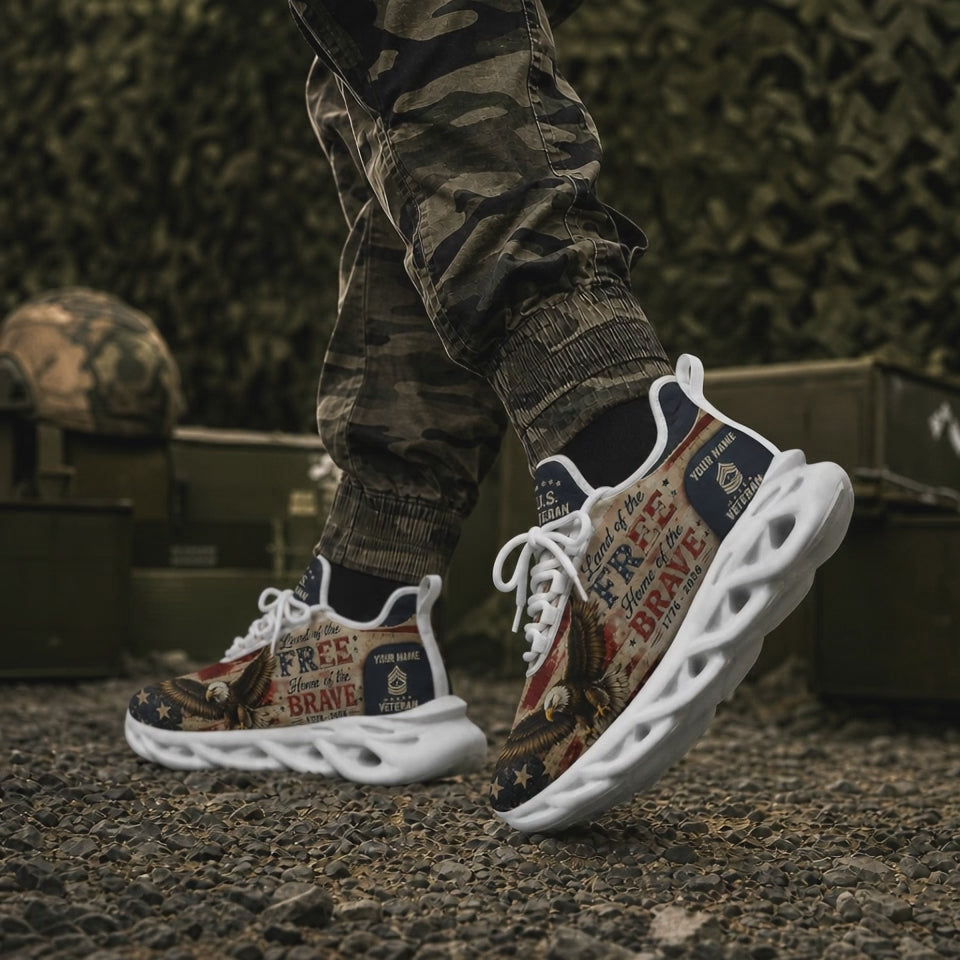 Custom Name Land Of The Free Because Of The Brave Max Soul Shoes, Veteran Sneaker