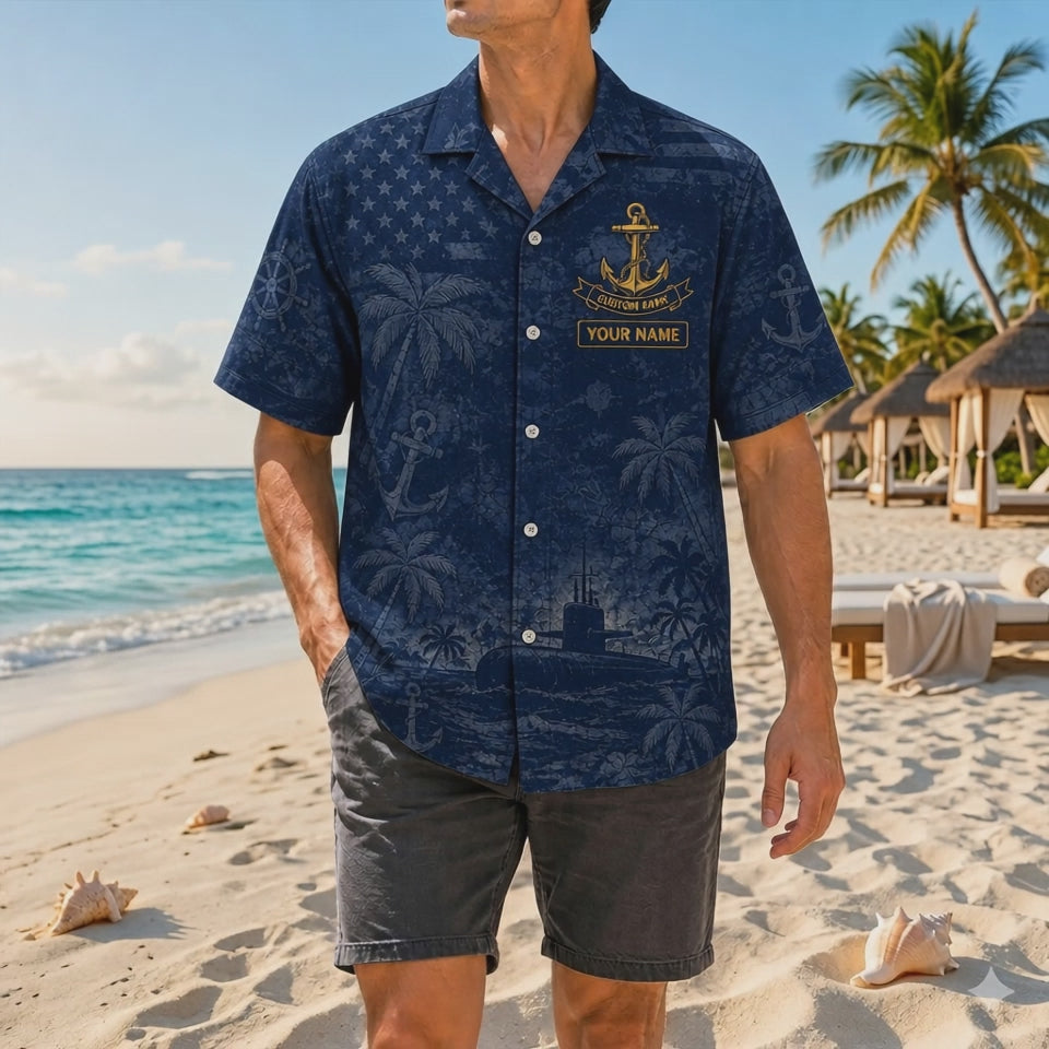Video preview displaying the crisp dark blue textile print, premium fabric texture, gold anchor badges, emotional quote graphics, and relaxed fit of the custom shirt