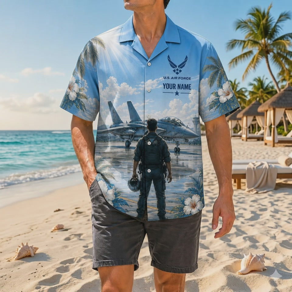 Video preview showcasing the high-definition print quality of the F-14 Tomcat runway scene, custom name plates, and breathable fabric motion