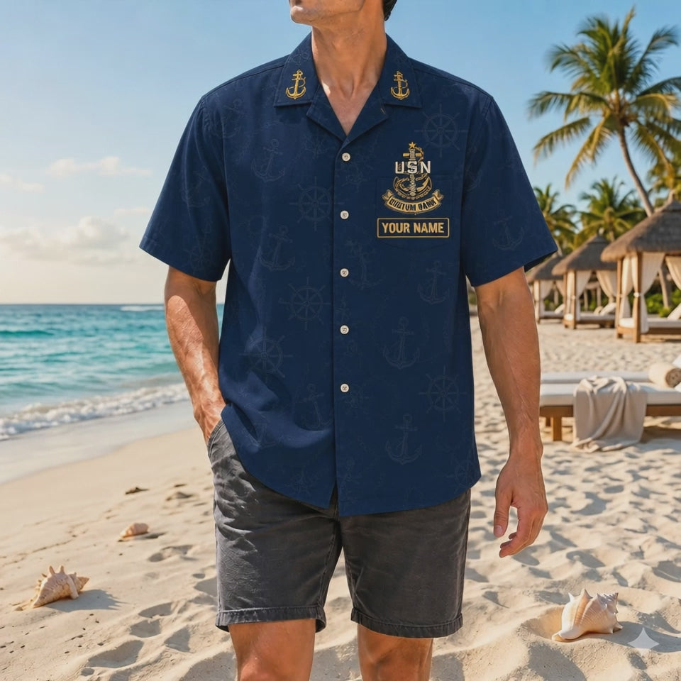 Video preview displaying the vibrant gold on navy print contrast, clean personalized nameplate, collar insignias, and relaxed fit