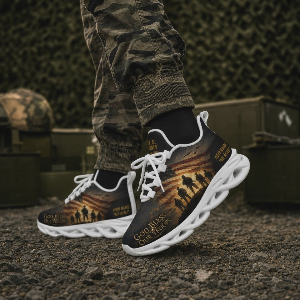 Custom Name God Bless Our Troops Max Soul Shoes, Veteran Sneaker