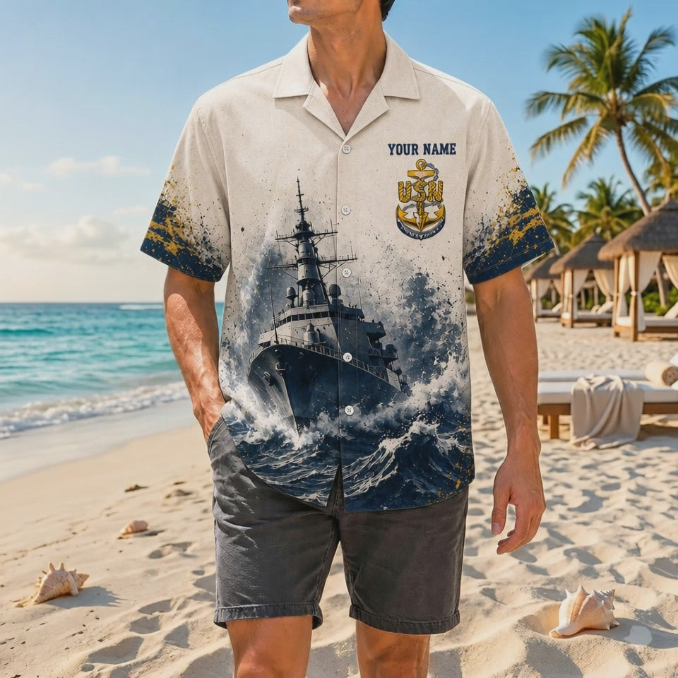 Video preview showcasing the artistic gold paint splatters, high-contrast destroyer wave prints, custom name layout, and premium fabric drape
