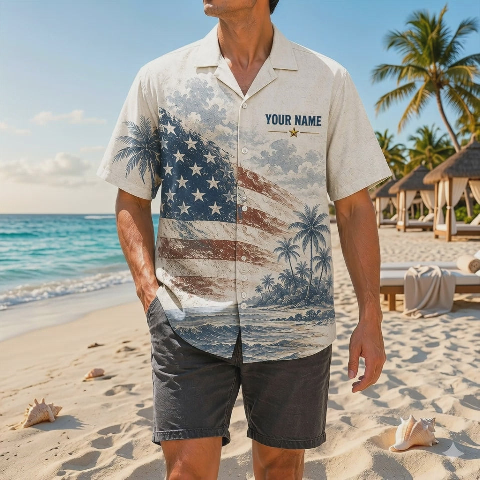 Video preview showcasing the classic cream canvas tone, the detailed golden Navy anchor medallion, personalized text space, and premium fabric drape