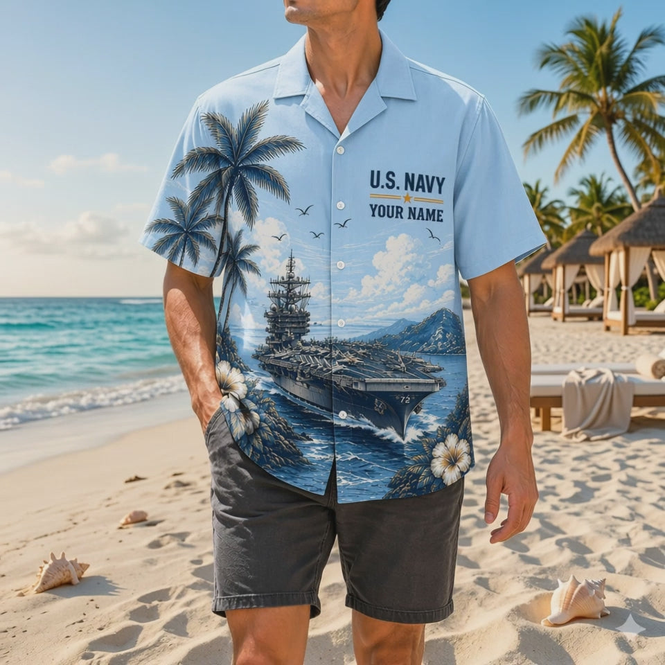 Video preview displaying the high-definition printing crispness, premium woven fabric texture, and relaxed fit of the custom USS Abraham Lincoln CVN-72 US Navy Hawaiian shirt