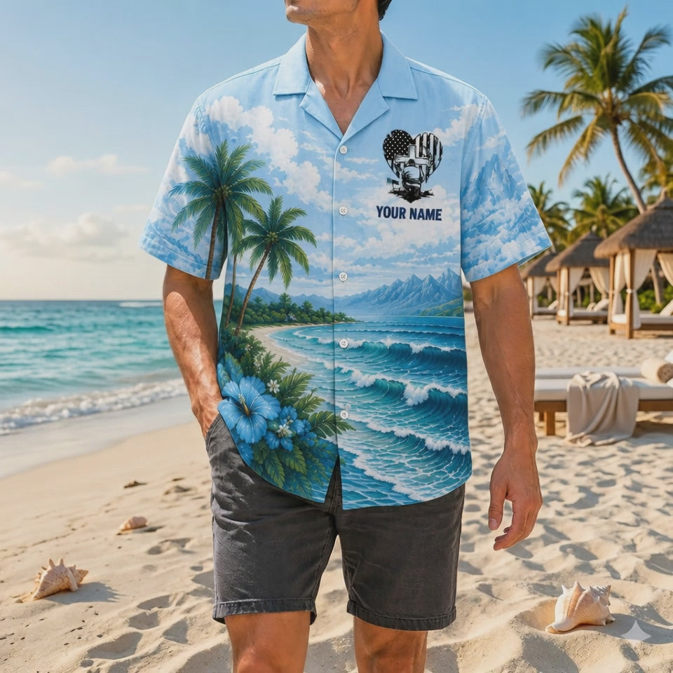 Video preview showcasing the crisp black stencil artwork, vibrant sky blue beach textures, custom name field, and high-quality fabric construction