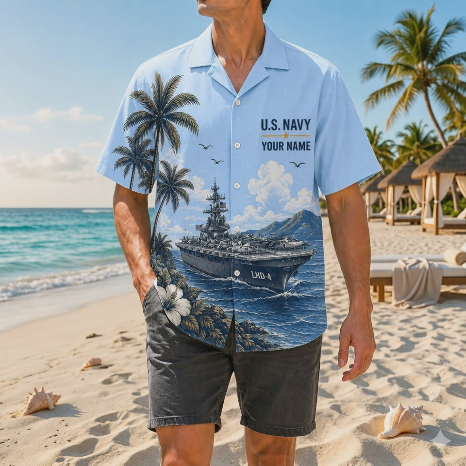 Video preview showing the high-resolution printing details, premium woven fabric texture, and clean button alignment of the custom USS Boxer LHD-4 US Navy Hawaiian shirt