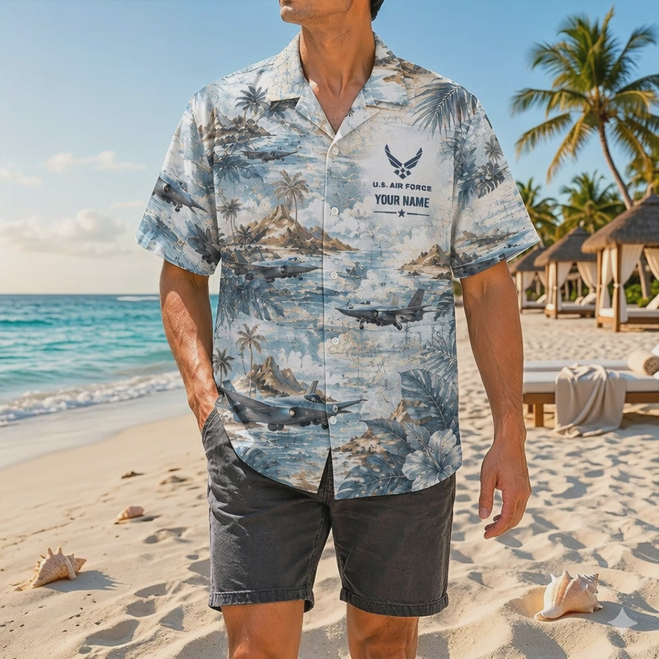 Video preview showcasing the premium soft-spun fabric weave, high-definition F-35 stealth jet prints, personalized name blocks, and tropical island backing lines