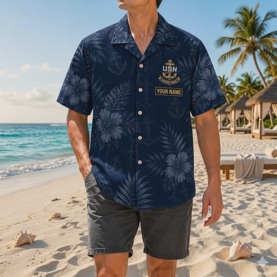 Video preview showing the elegant tone-on-tone navy floral print, bright gold-trimmed custom badge, and premium loose fit