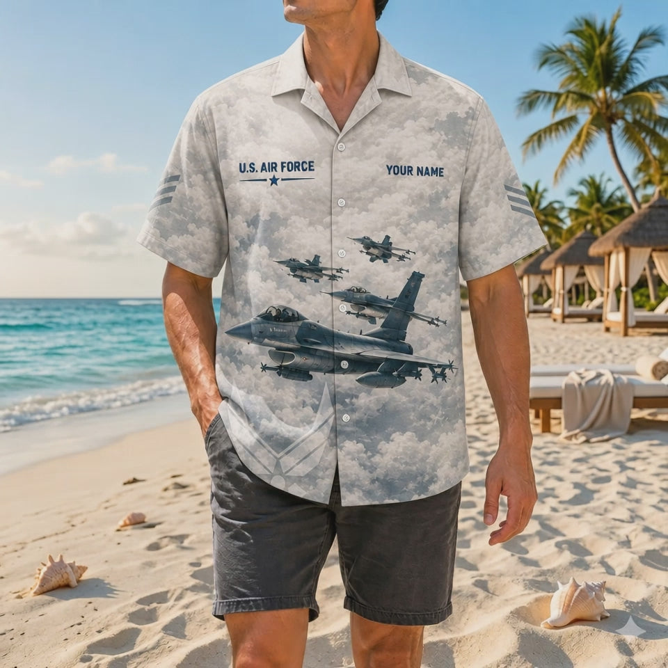 Video preview showcasing the textured chalk-grey print quality, sharp F-16 squadron flight vectors, personalized chest text, and premium fabric flow on the beach