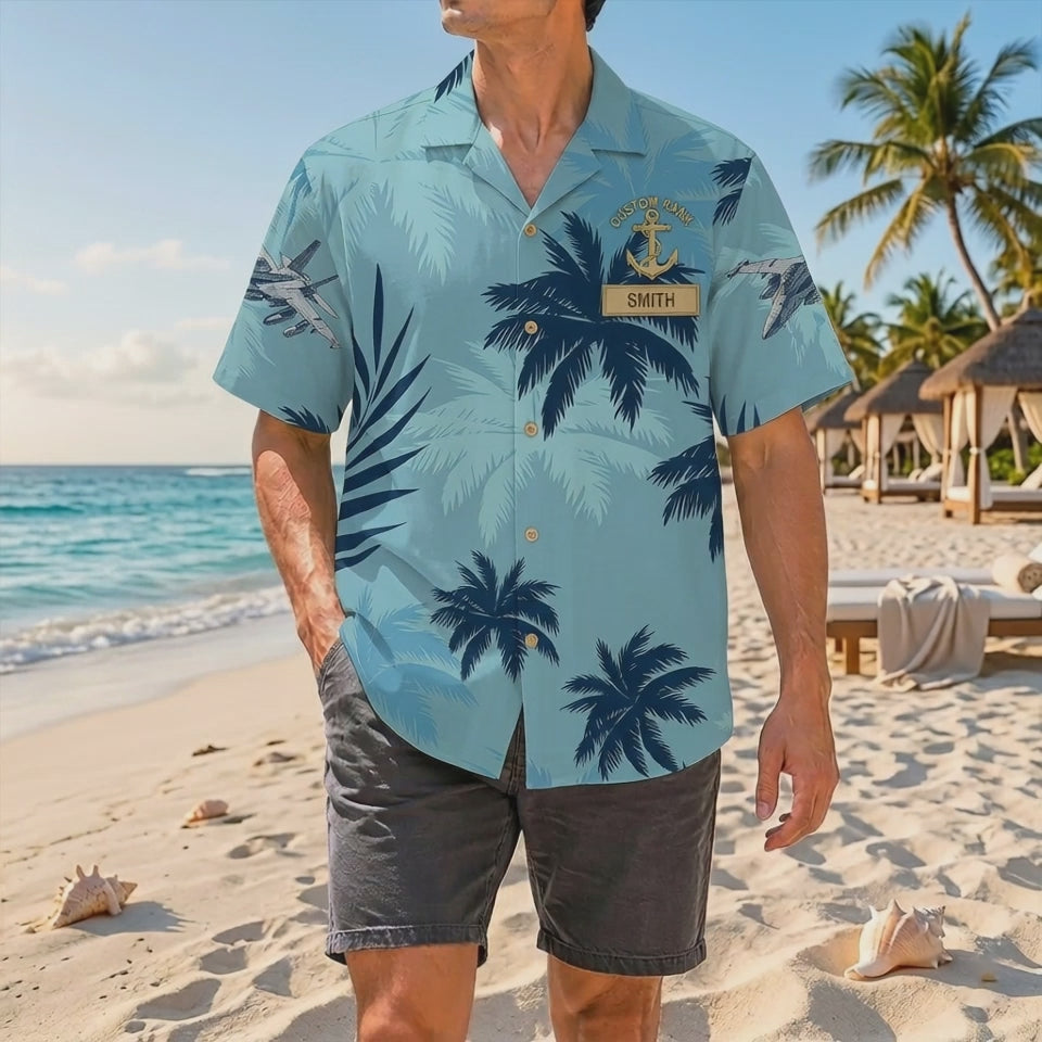 Official Product Showcase Video: Custom Navy F/A-18 Hornet Light Blue Palm Hawaiian Shirts