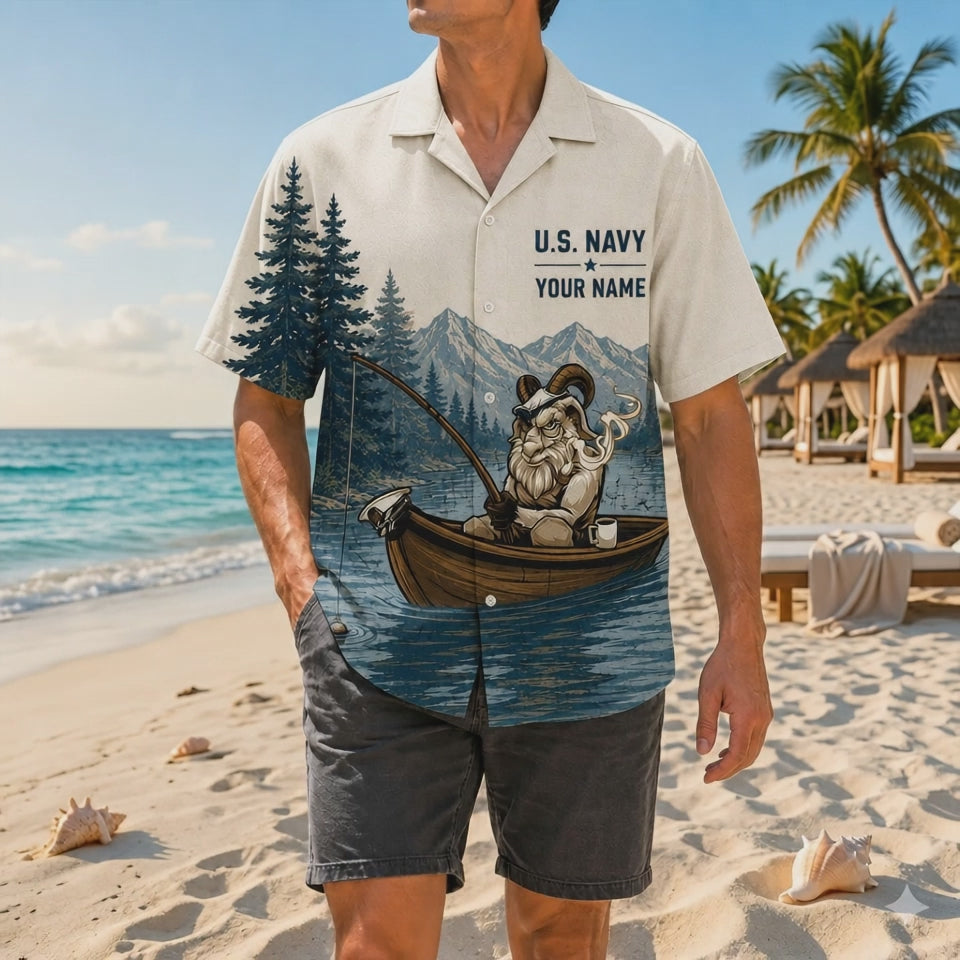 Video preview displaying the clean printing crispness, premium woven fabric texture, detailed humorous Navy GOAT graphic, and relaxed fit of the custom retirement shirt