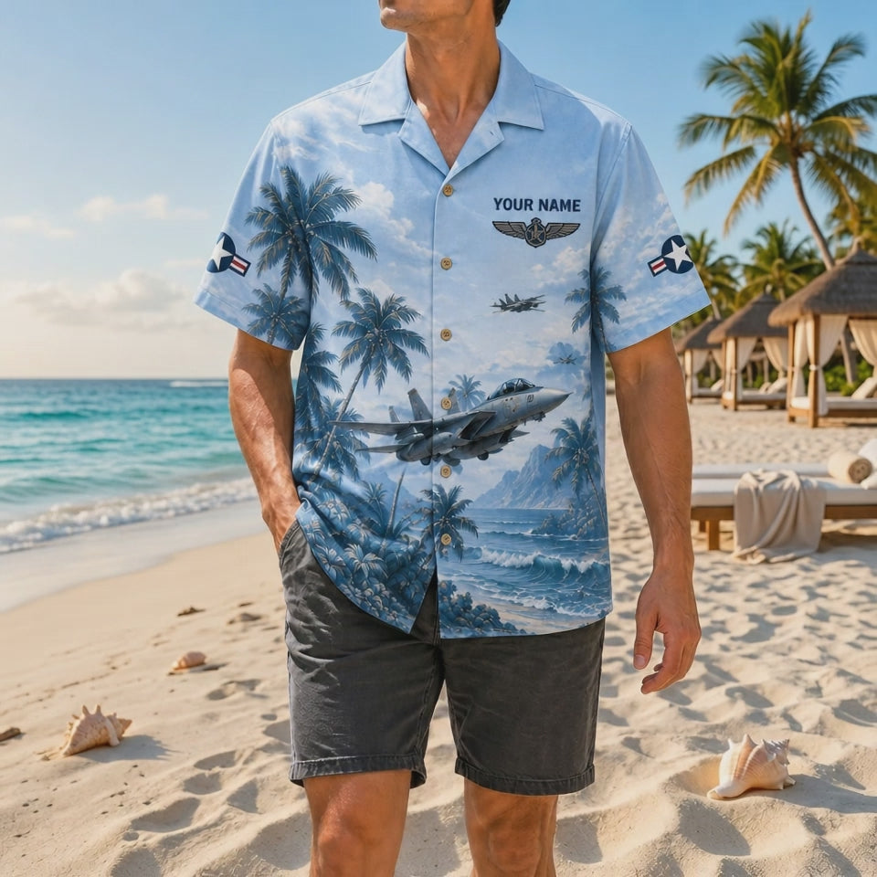 Video preview showcasing the detailed mechanical jet illustrations, classic aviator wing graphics, custom name layout, and smooth light-blue fabric drape