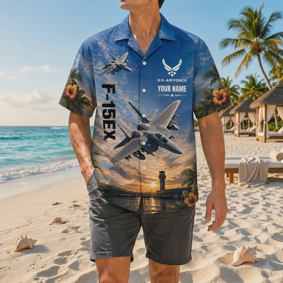 Video preview showcasing the premium soft-spun fabric weave, high-definition F-15EX strike jet prints, personalized name blocks, and tropical airbase backing lines