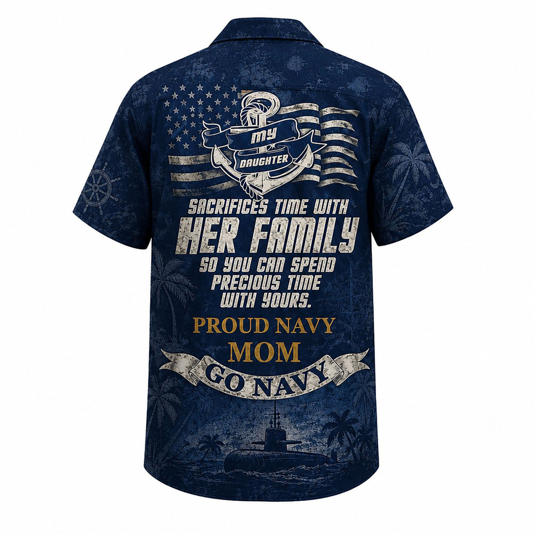 Front flat-lay view of the Personalized Proud Navy Mom Hawaiian Shirt featuring custom name and rank badges over a dark blue submarine landscape