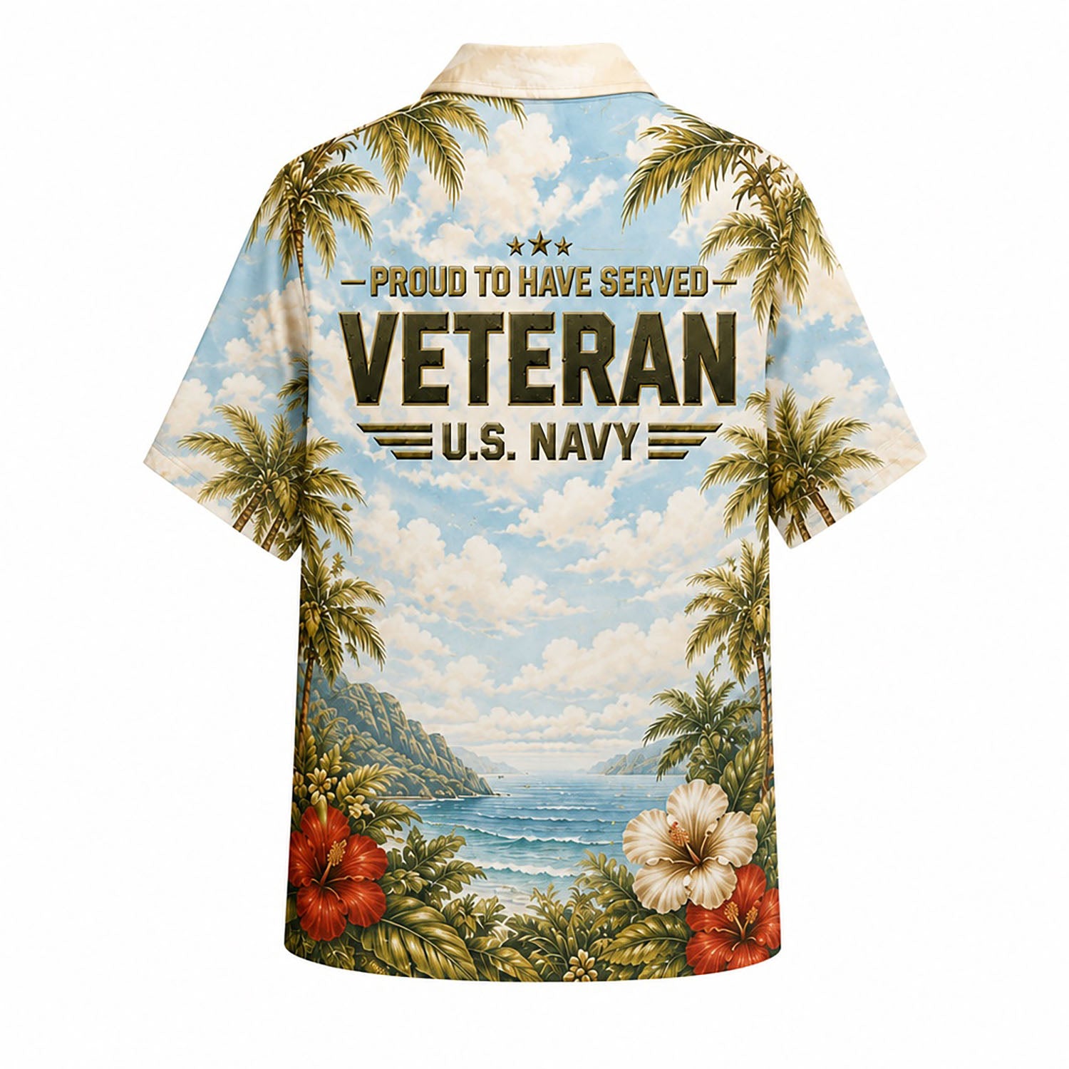 Back view mockup of the military shirt featuring a tropical island bay paradise landscape and "PROUD TO HAVE SERVED VETERAN U.S. NAVY" text
