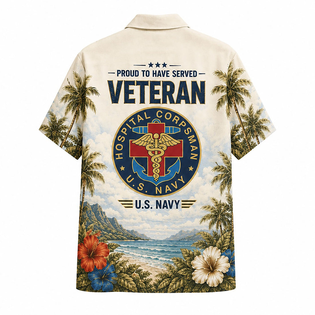 Front flat-lay view of the Personalized US Navy Hospital Corpsman Tropical Hawaiian Shirt with custom name plate, beige background, and vibrant hibiscus flowers