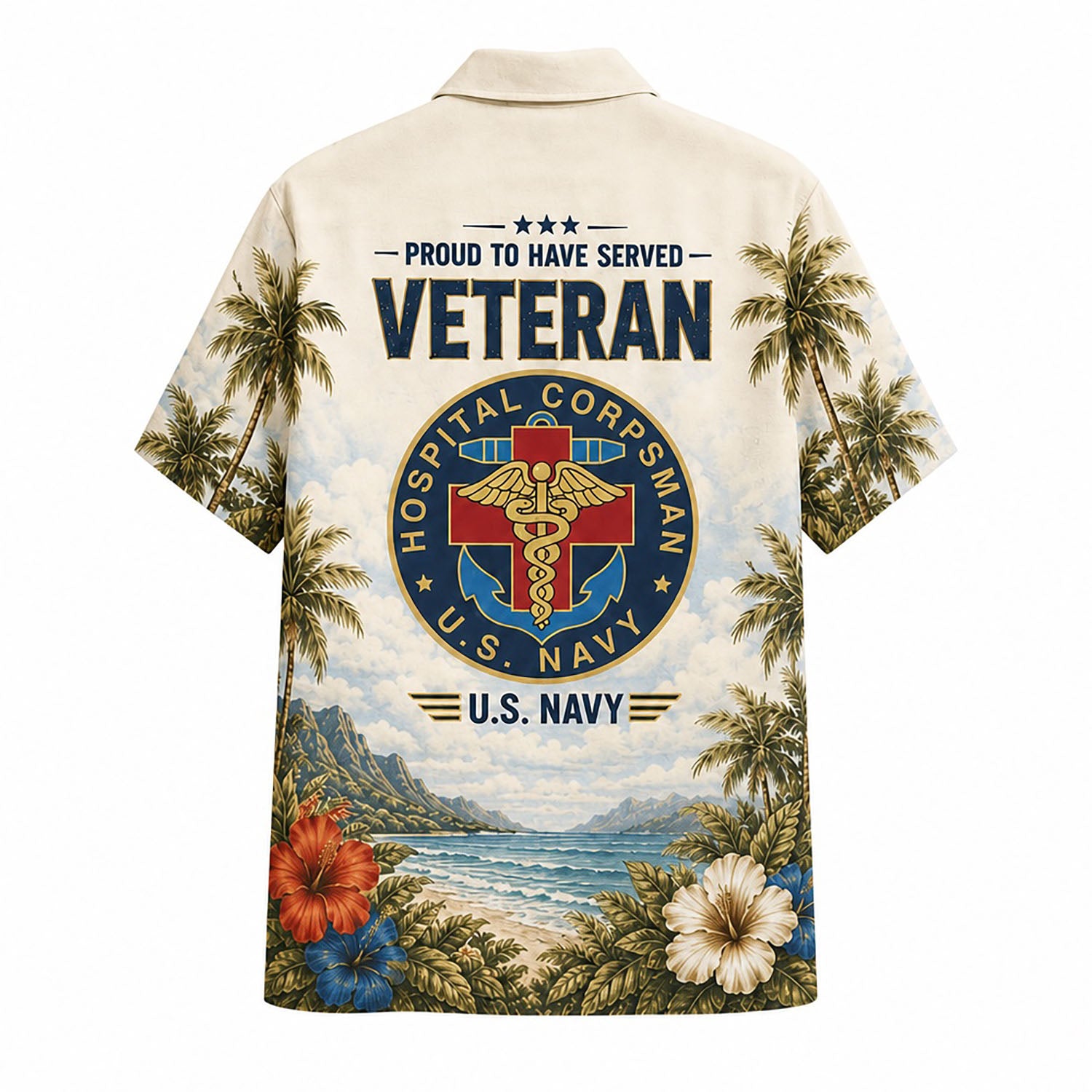 Back view mockup of the military medical shirt featuring a scenic tropical beach background and "PROUD TO HAVE SERVED VETERAN U.S. NAVY" text with Corpsman insignia
