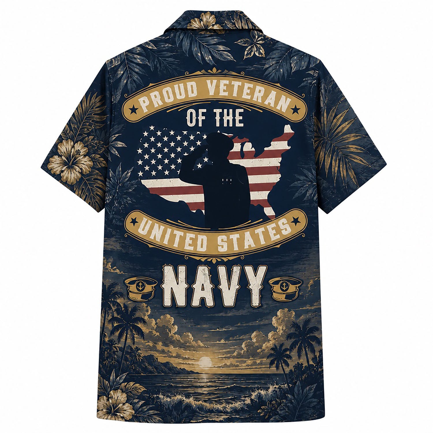 Back view mockup of the patriotic navy shirt displaying a saluting soldier silhouette over the US map and vintage veteran banners