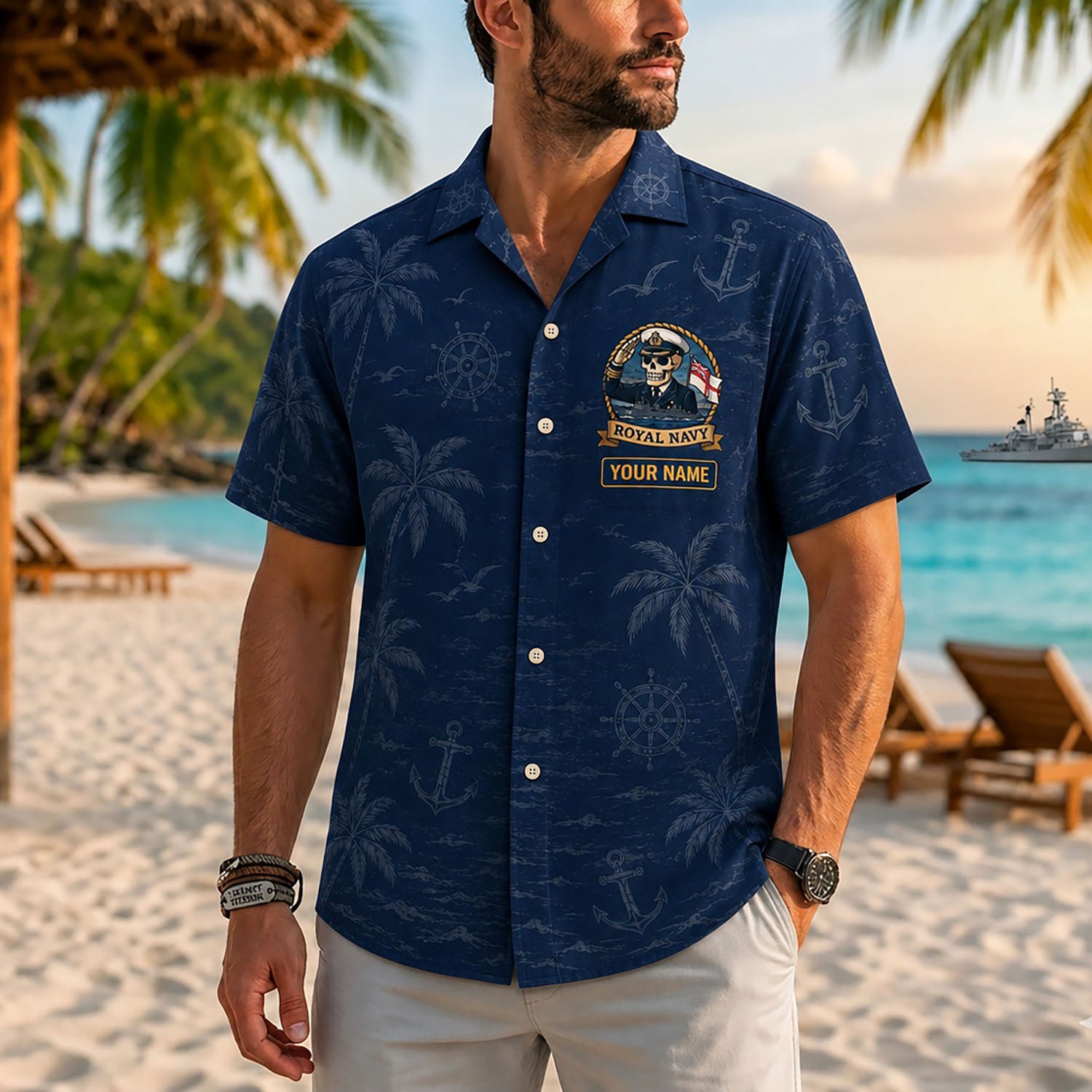 Close-up front view of a male model on a tropical beach wearing the personalized ocean navy Royal Navy custom shirt