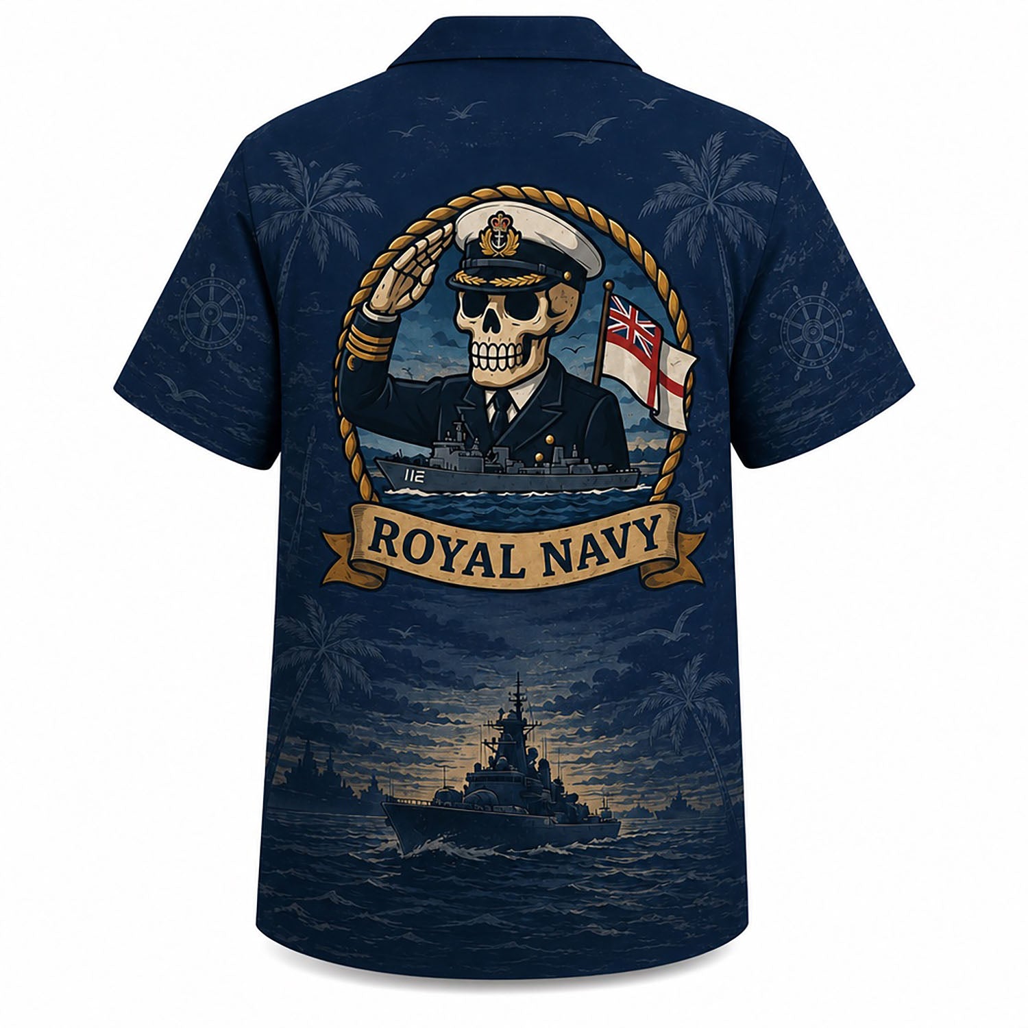 Back view mockup of the Royal Navy shirt showcasing a large saluting skull captain emblem, White Ensign flag, and warships at sunset