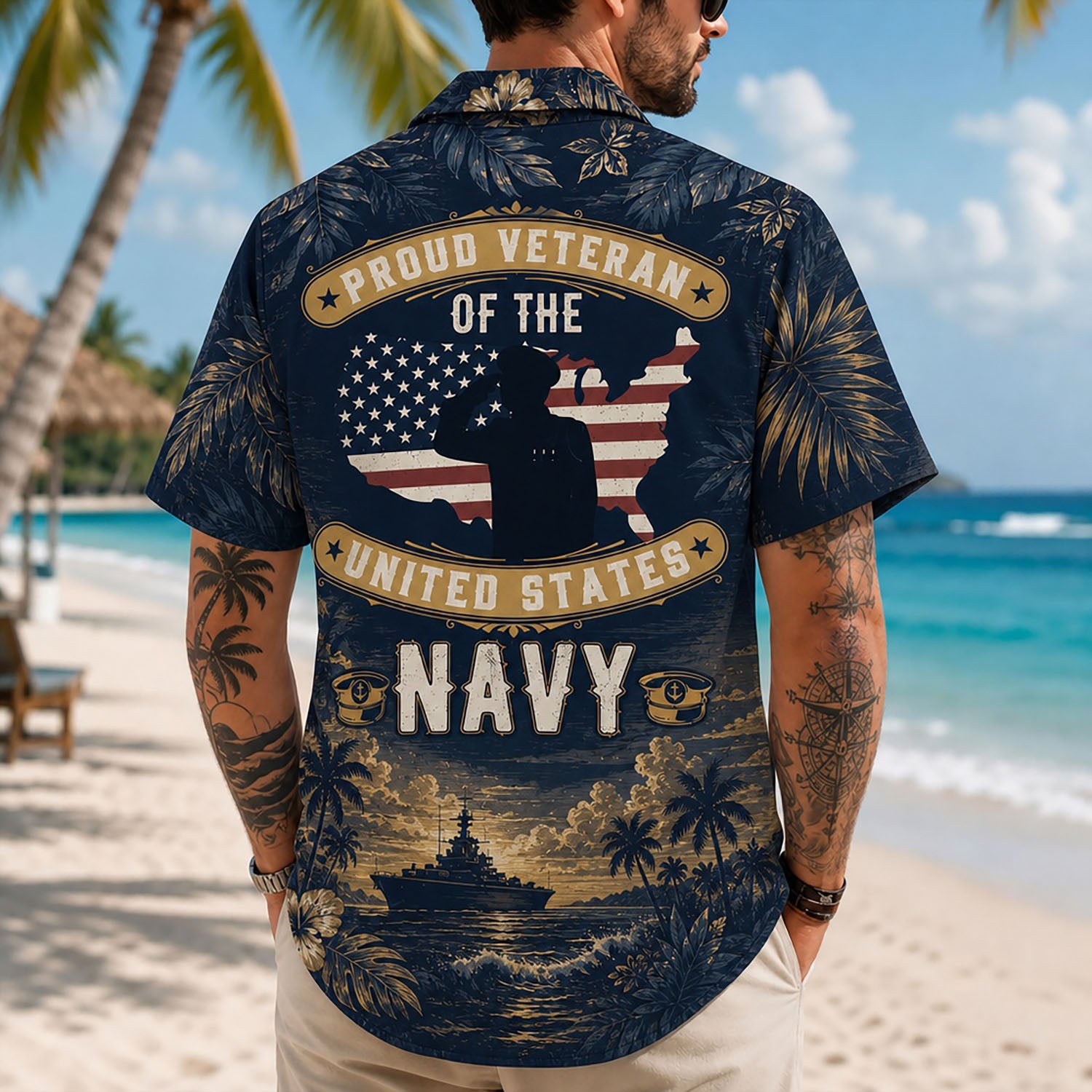 Back view lifestyle of a man showing the striking patriotic military artwork and bold "Proud Veteran" statement typography