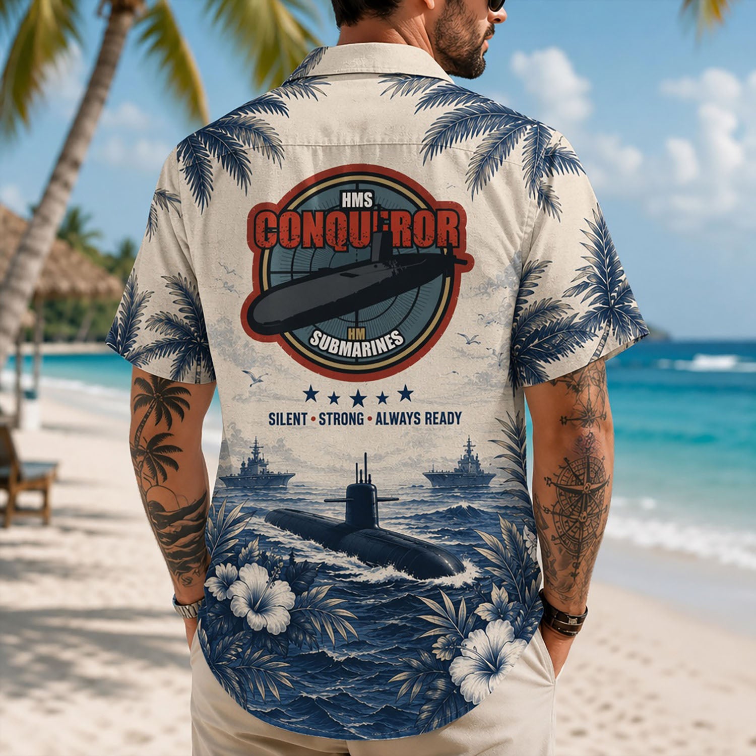 Back view lifestyle of a man showcasing the striking HMS Conqueror Submarine crest with the text Silent Strong Always Ready