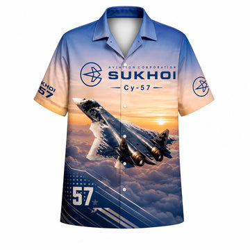 Front view mockup of the sunset blue Sukhoi Cy-57 jet fighter beach shirt highlighting the military corporation chest logo