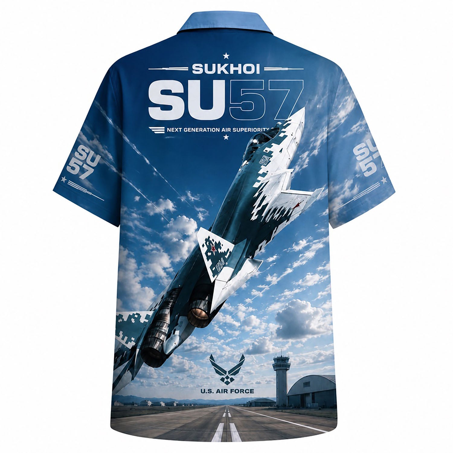 Back flat-lay view of the military shirt displaying the large Su-57 stealth jet climbing vertically into a sunny blue sky with next generation text
