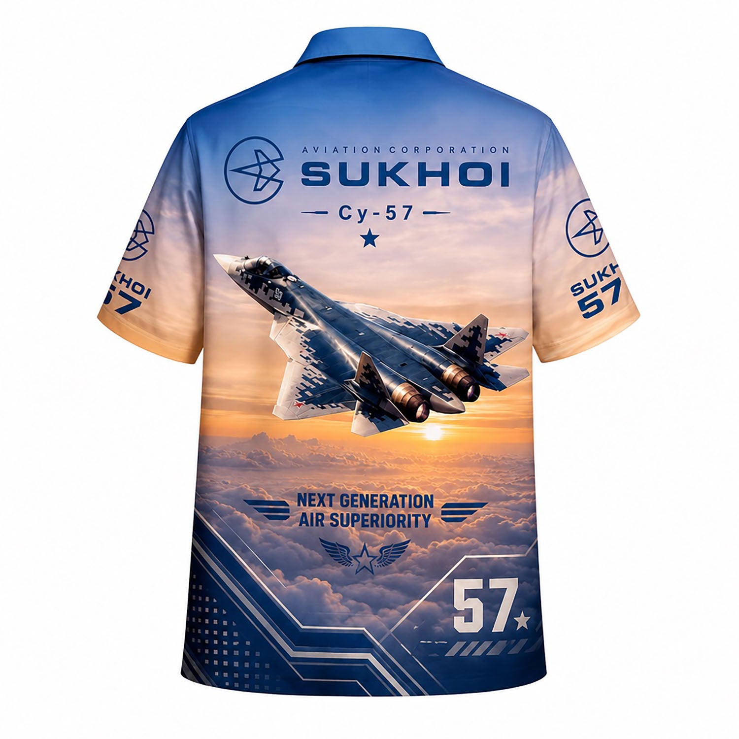 Back view mockup of the Sukhoi Su-57 Felon aviation shirt showing a large fighter jet graphic over a scenic sunset clouds layer