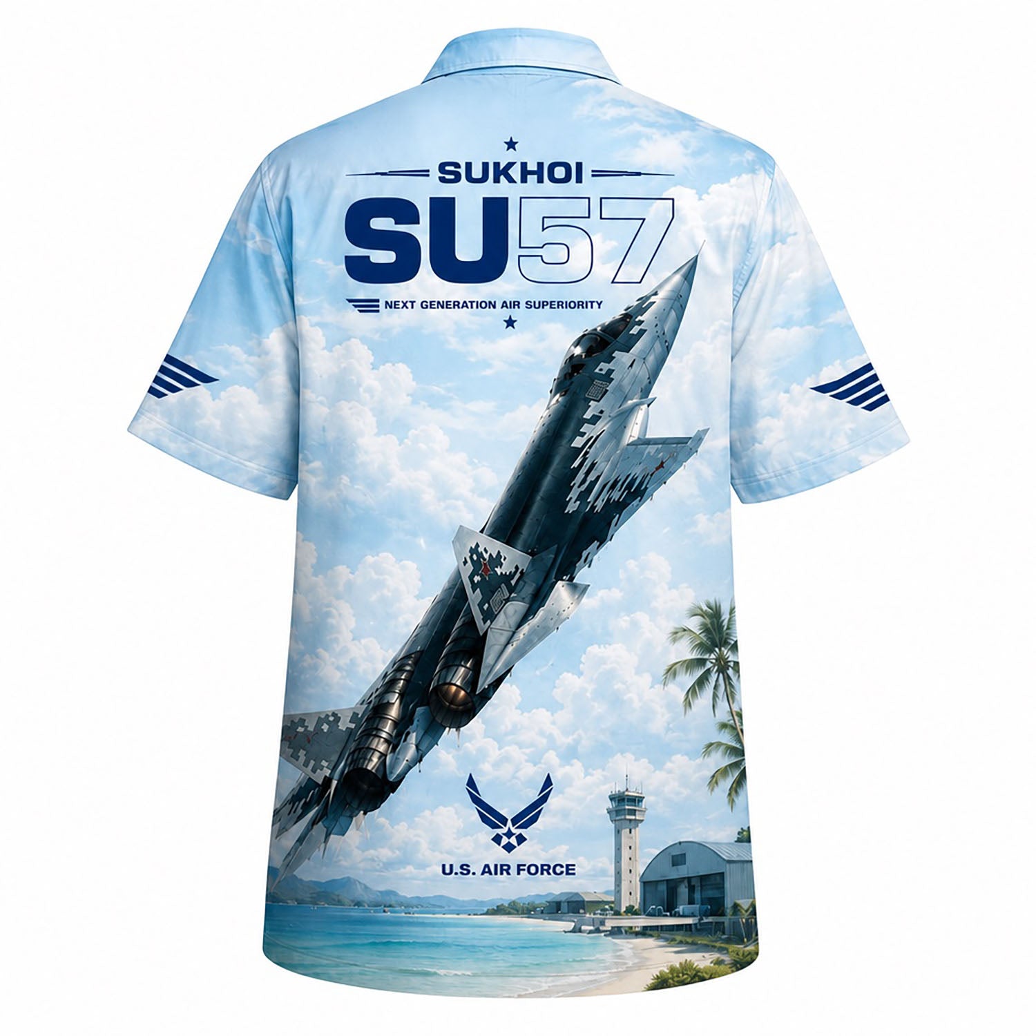 Back flat-lay view of the aviation shirt displaying the large Sukhoi Su-57 fighter jet climbing over a sunny tropical beach airbase