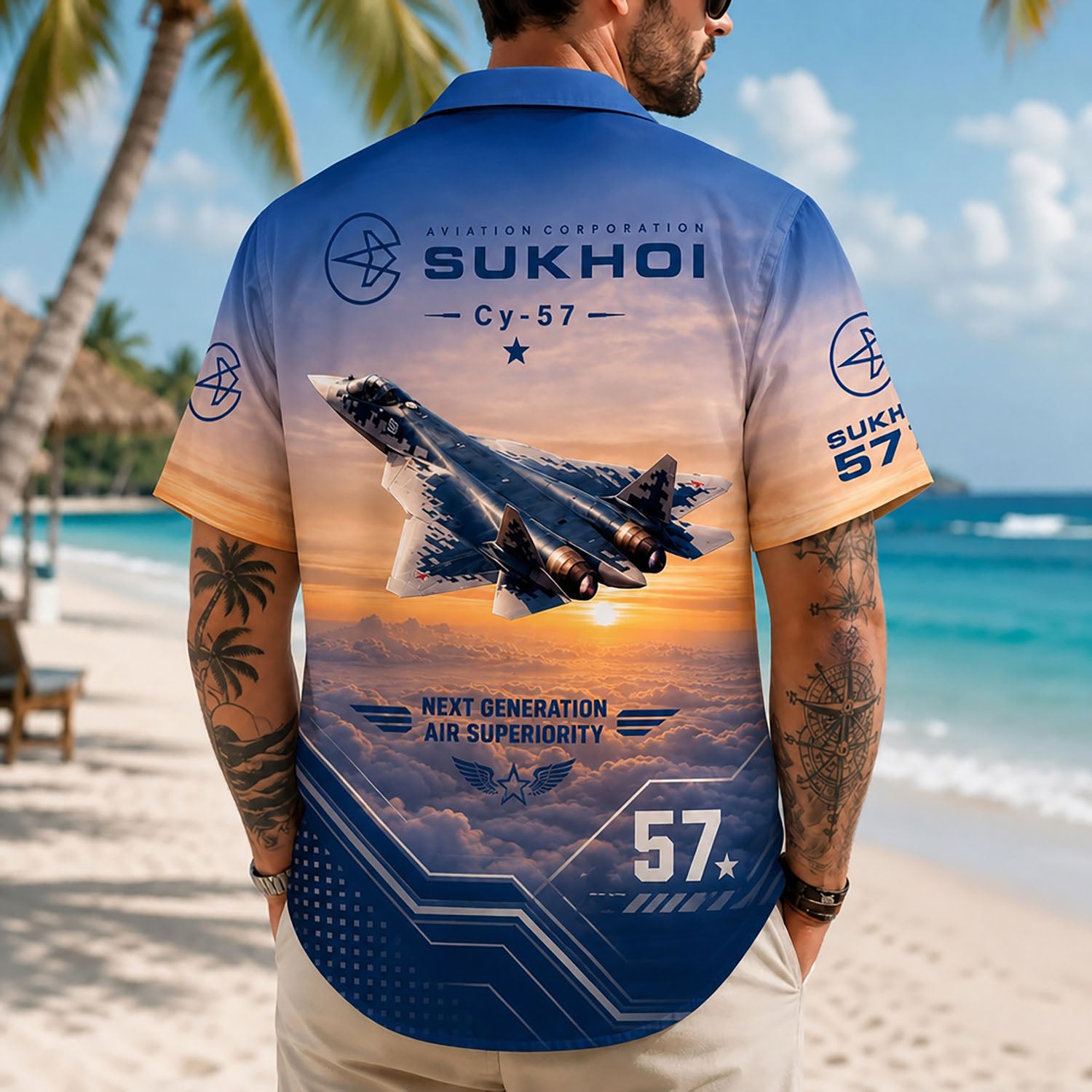 Back flat-lay view of the aviation shirt displaying the dynamic Su-57 stealth aircraft model and technical air wing stamps