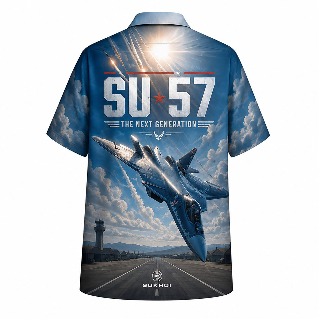 Front flat-lay view of the sky blue Su-57 Felon Hawaiian shirt featuring a bold vertical SU-57 graphic, custom name block, and sunburst missile trail background