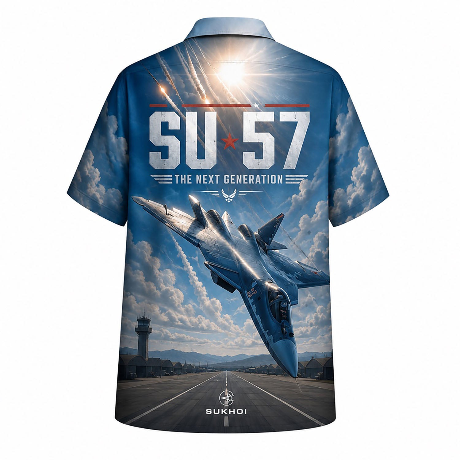 Back flat-lay view of the shirt showing the Su-57 stealth fighter diving over an airforce base tarmac runway with a prominent "SU-57 THE NEXT GENERATION" distressed header