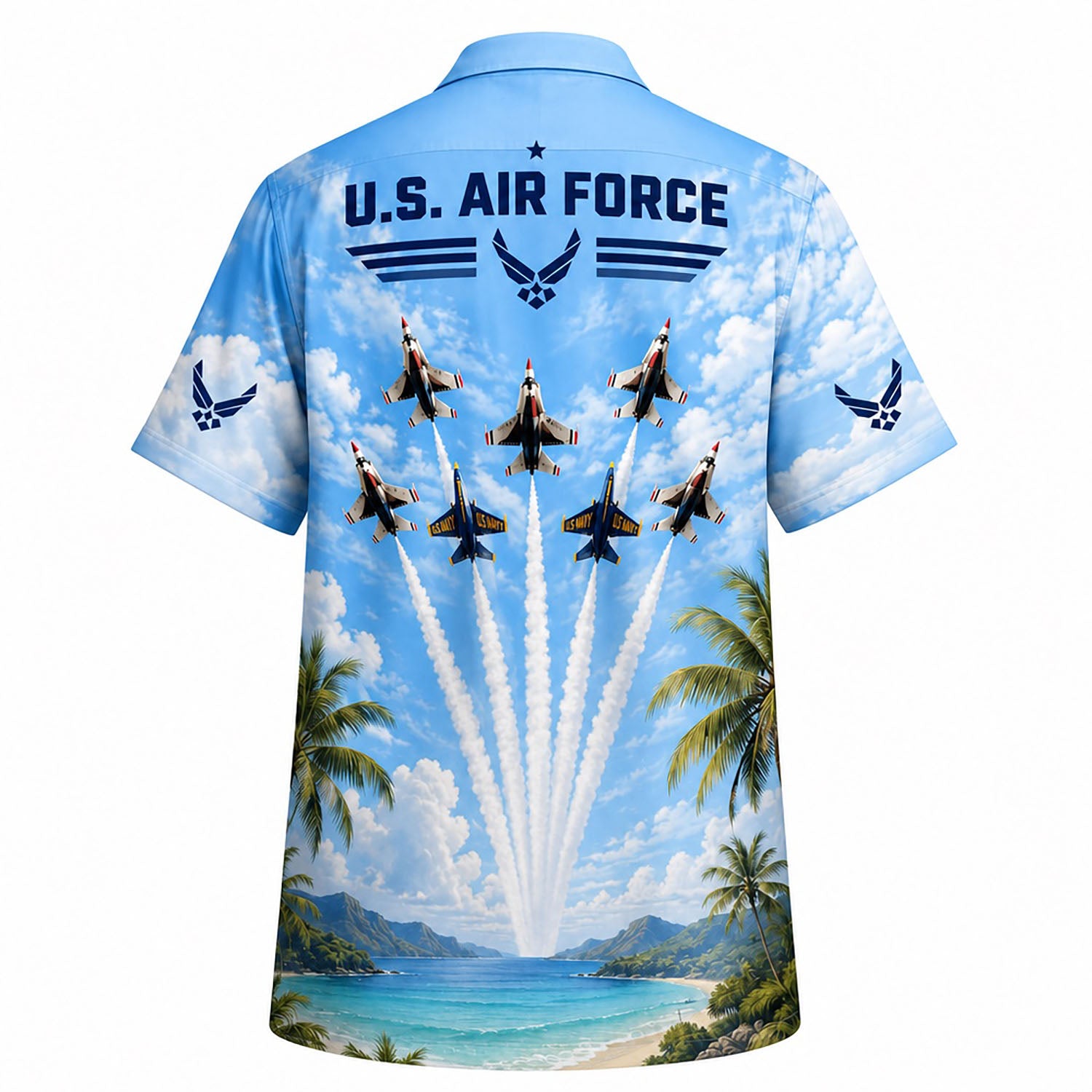 Back flat-lay view of the shirt showcasing a symmetric diamond flight formation with bold U.S. Air Force lettering and coastal palm trees