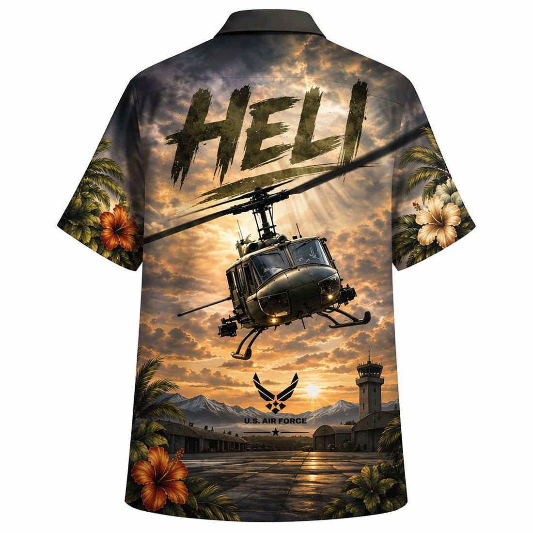 Front flat-lay view of the Personalized UH-1 Huey Helicopter Hawaiian Shirt in military camouflage sunset with custom name panel