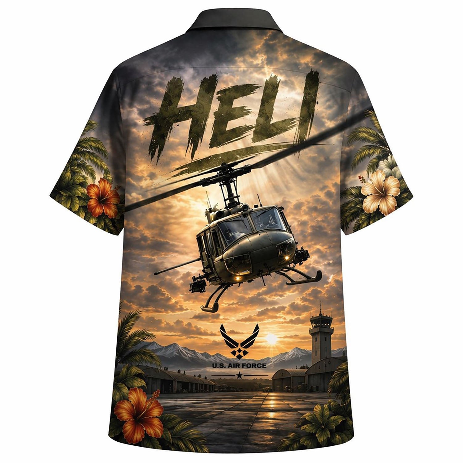 Back flat-lay view of the military aviation shirt displaying a detailed UH-1 Huey helicopter graphic over an airbase runway backing