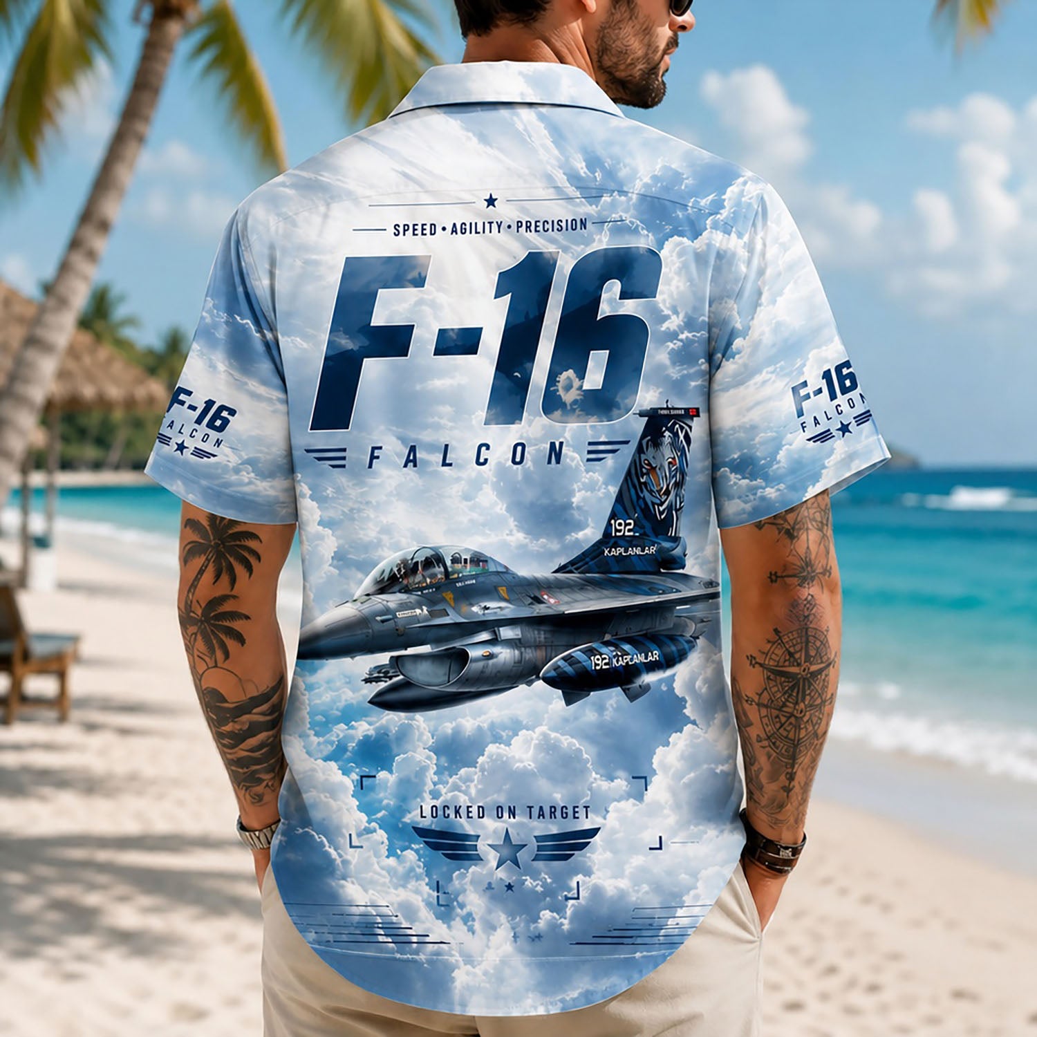 Back view lifestyle of a man showcasing the bold F-16 jet graphics, tiger markings, and Locked on Target insignia on sand
