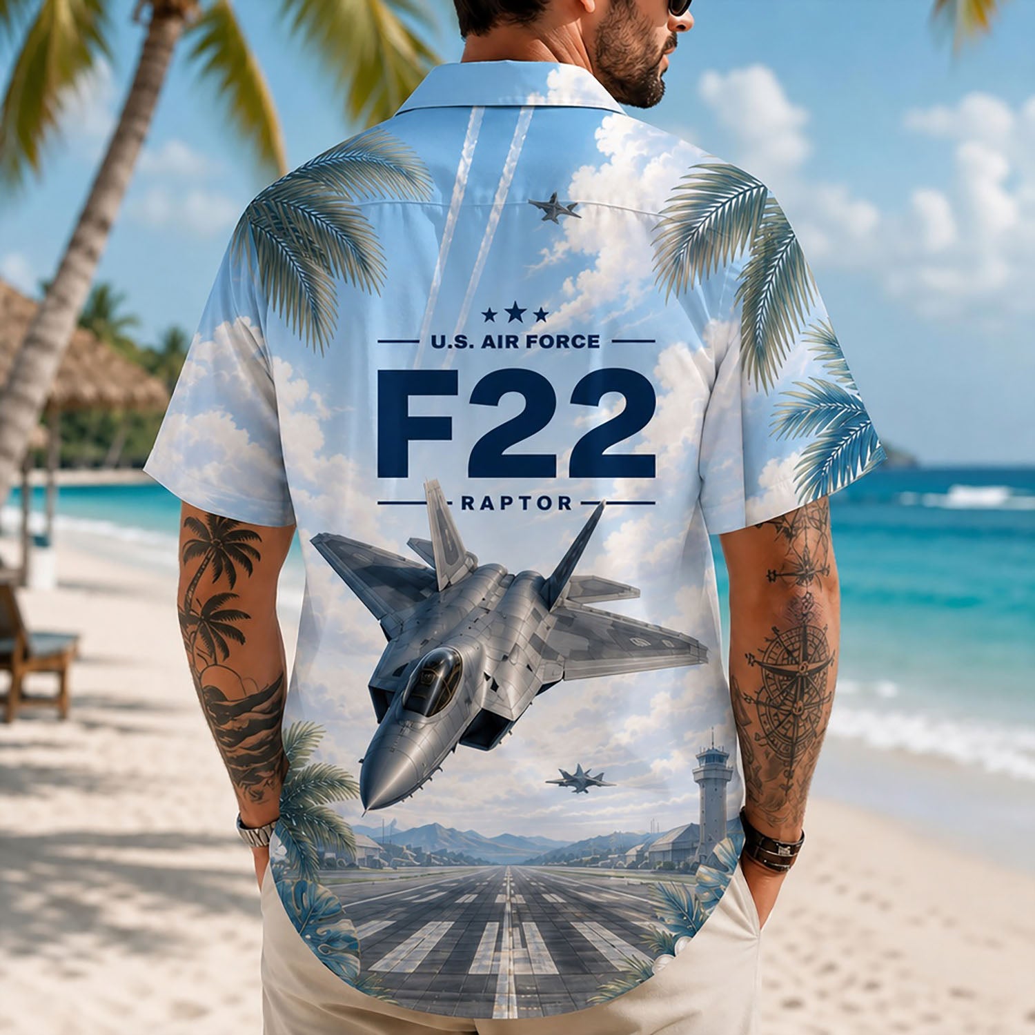 Back view lifestyle of a male model showcasing the dynamic runway graphics, soaring fighter jets, and detailed sky blue clouds backdrop