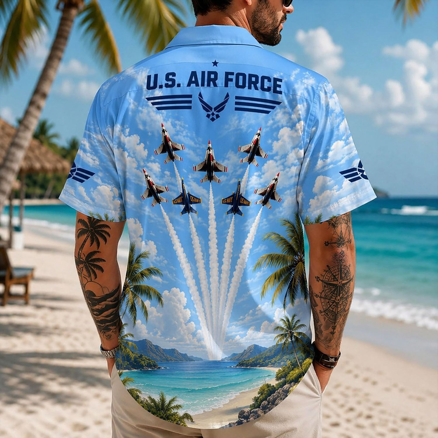 Back view lifestyle of a male model highlighting the dramatic white smoke trails, soaring jets, and tropical island coast backdrop