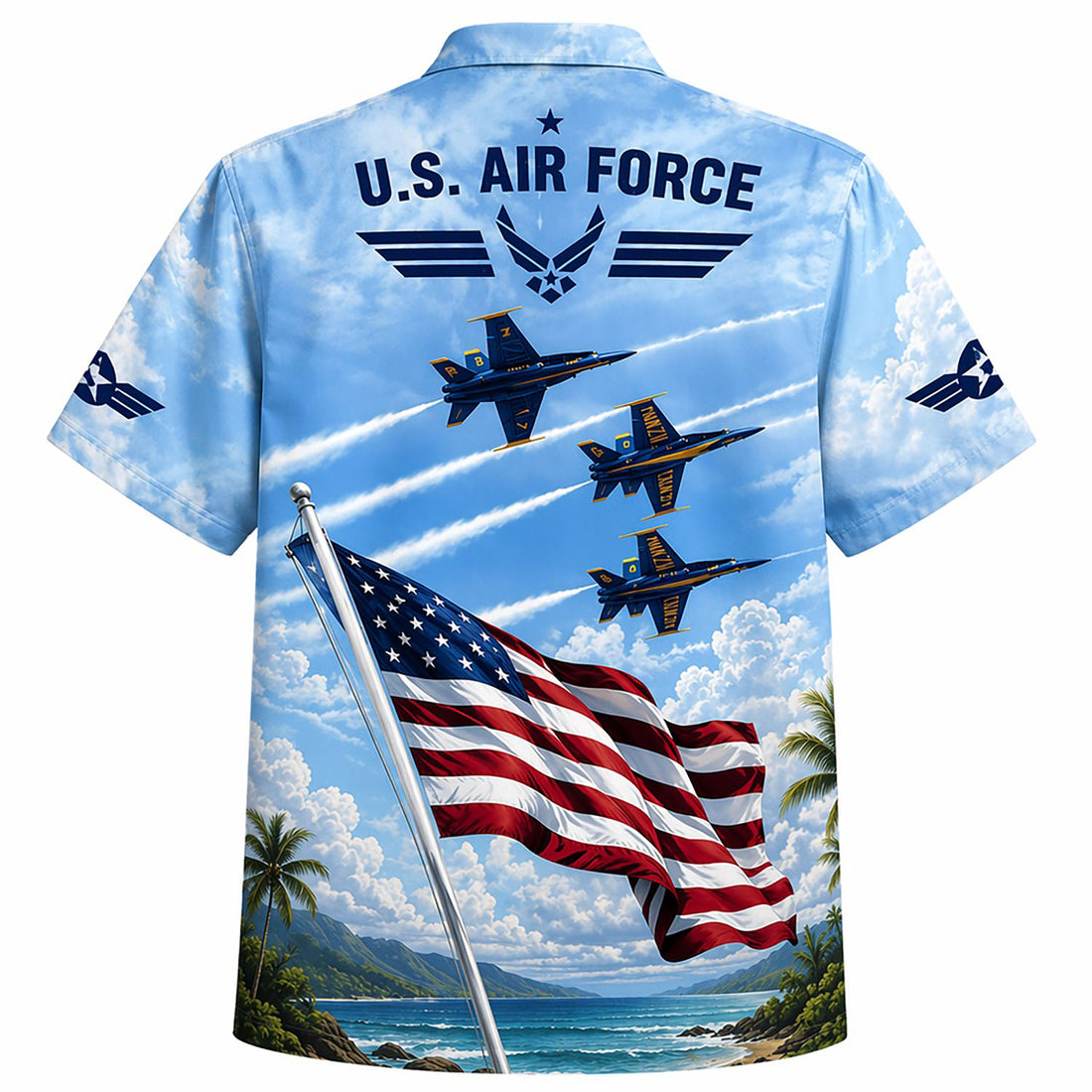 Front flat-lay view of the Personalized U.S. Air Force Hawaiian Shirt featuring a large waving American flag, custom name slot, and blue-and-gold stunt fighter jets flying in formation