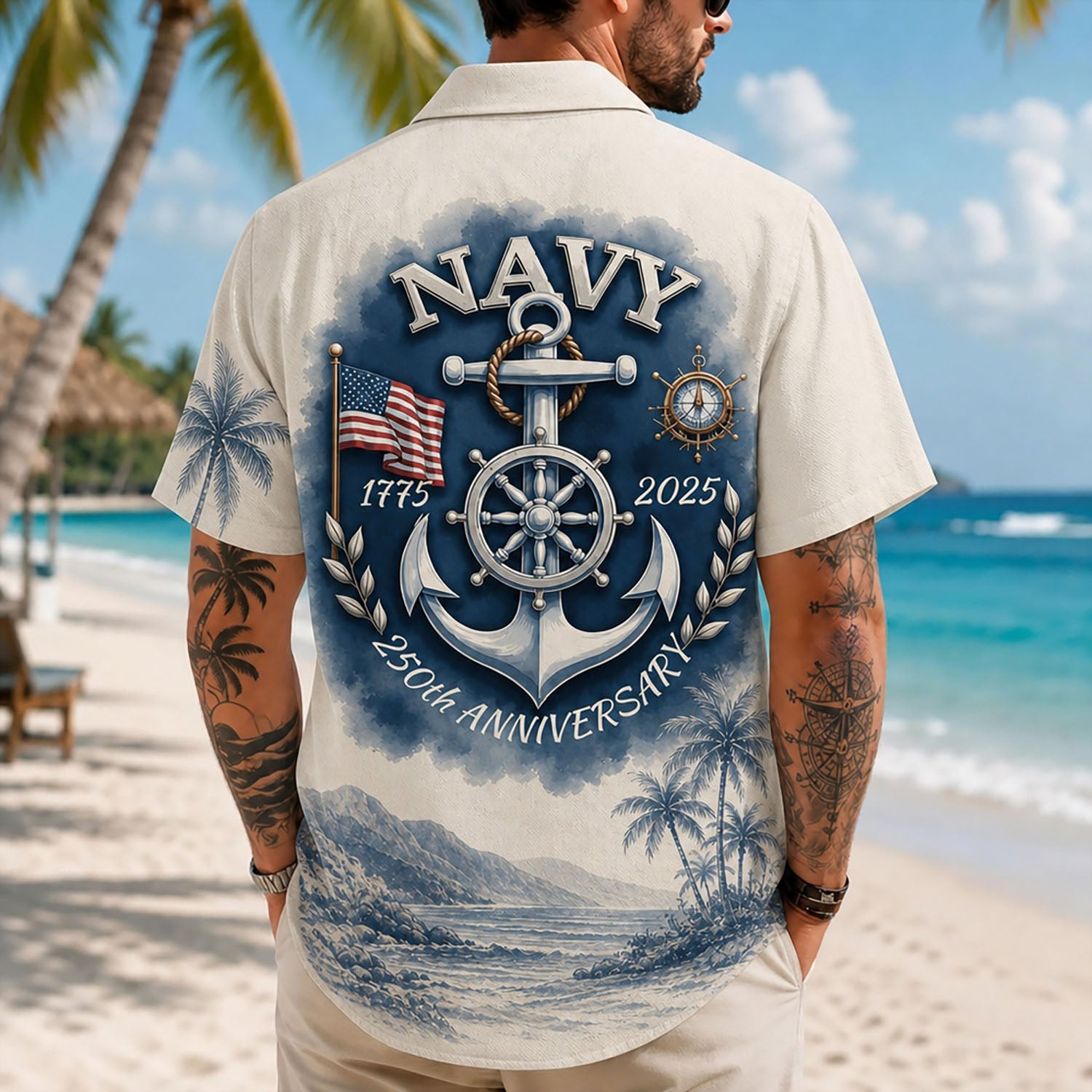 Back view lifestyle of a man showing the large circular 250th Anniversary US Navy emblem with a silver anchor and ship wheel