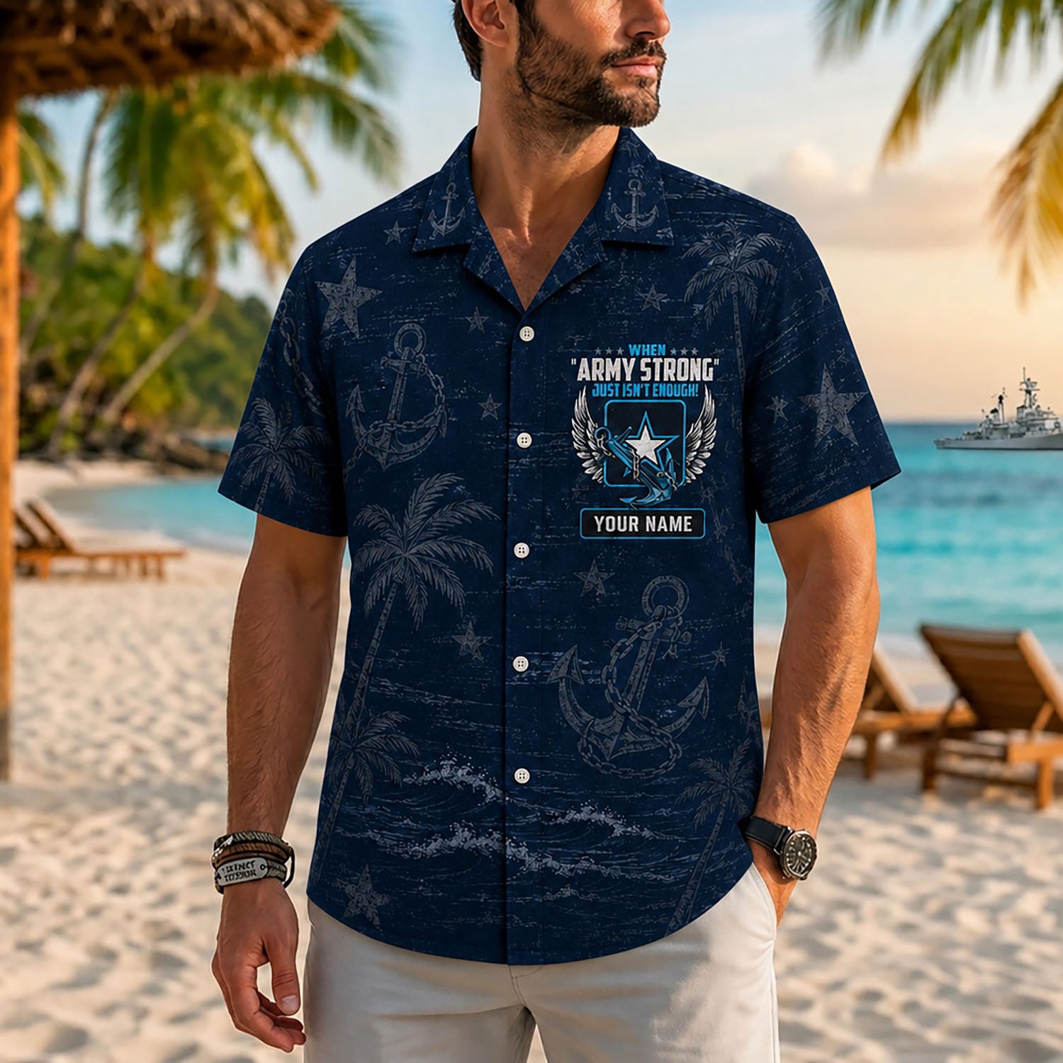 Close-up front view of a male model on a tropical beach wearing the personalized distressed navy blue USN military statement shirt