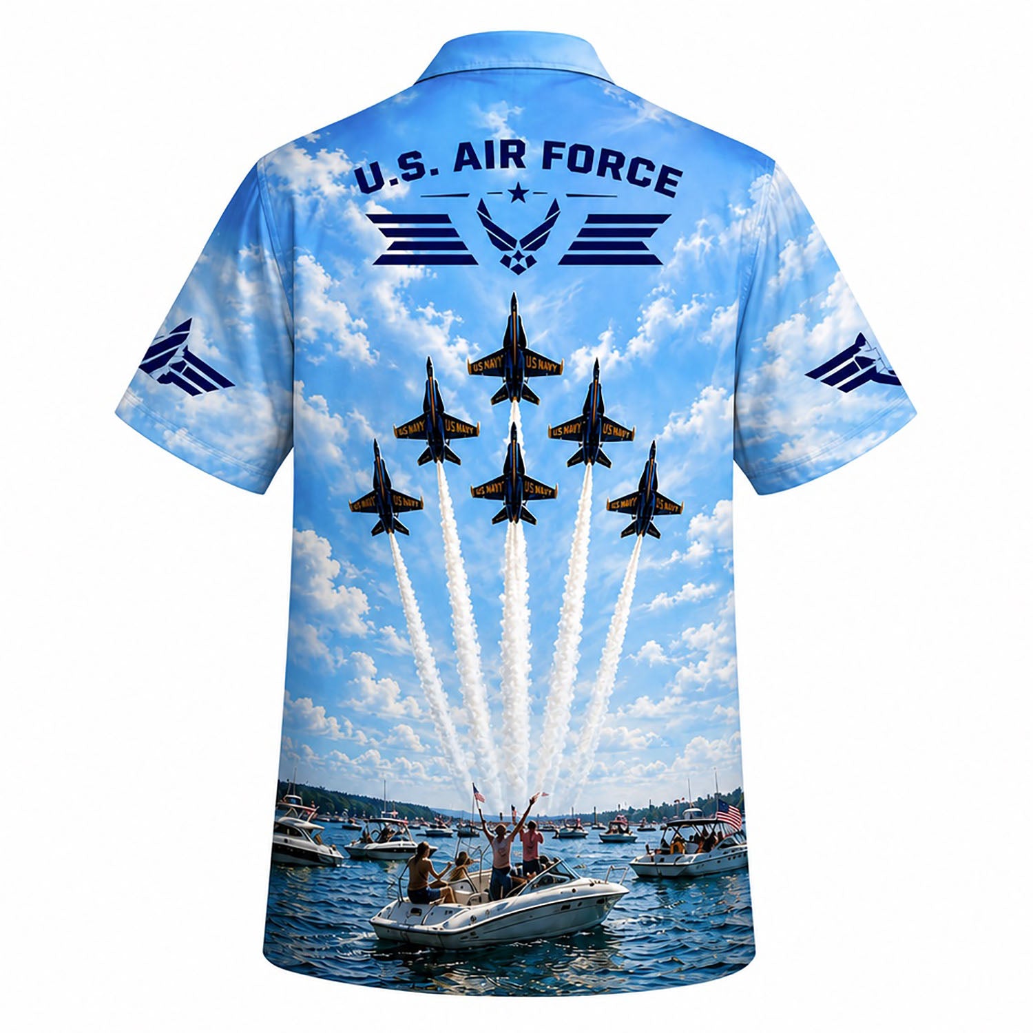 Back flat-lay view of the aviation shirt displaying the large U.S. Air Force text over the 6-jet delta flight formation and spectator boats