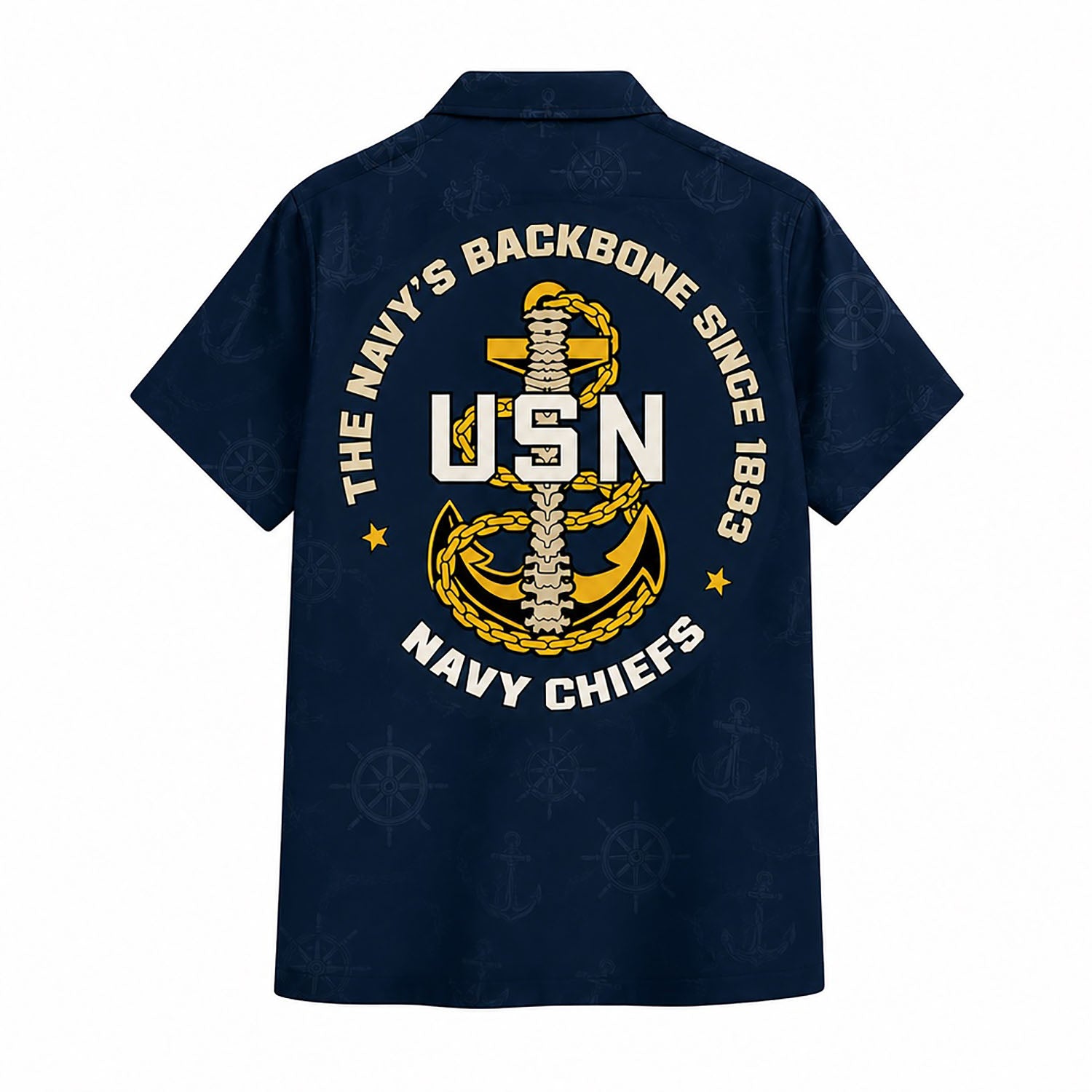 Back view mockup of the Navy Chiefs shirt featuring the big "The Navy's Backbone Since 1893" gold anchor and spine graphic