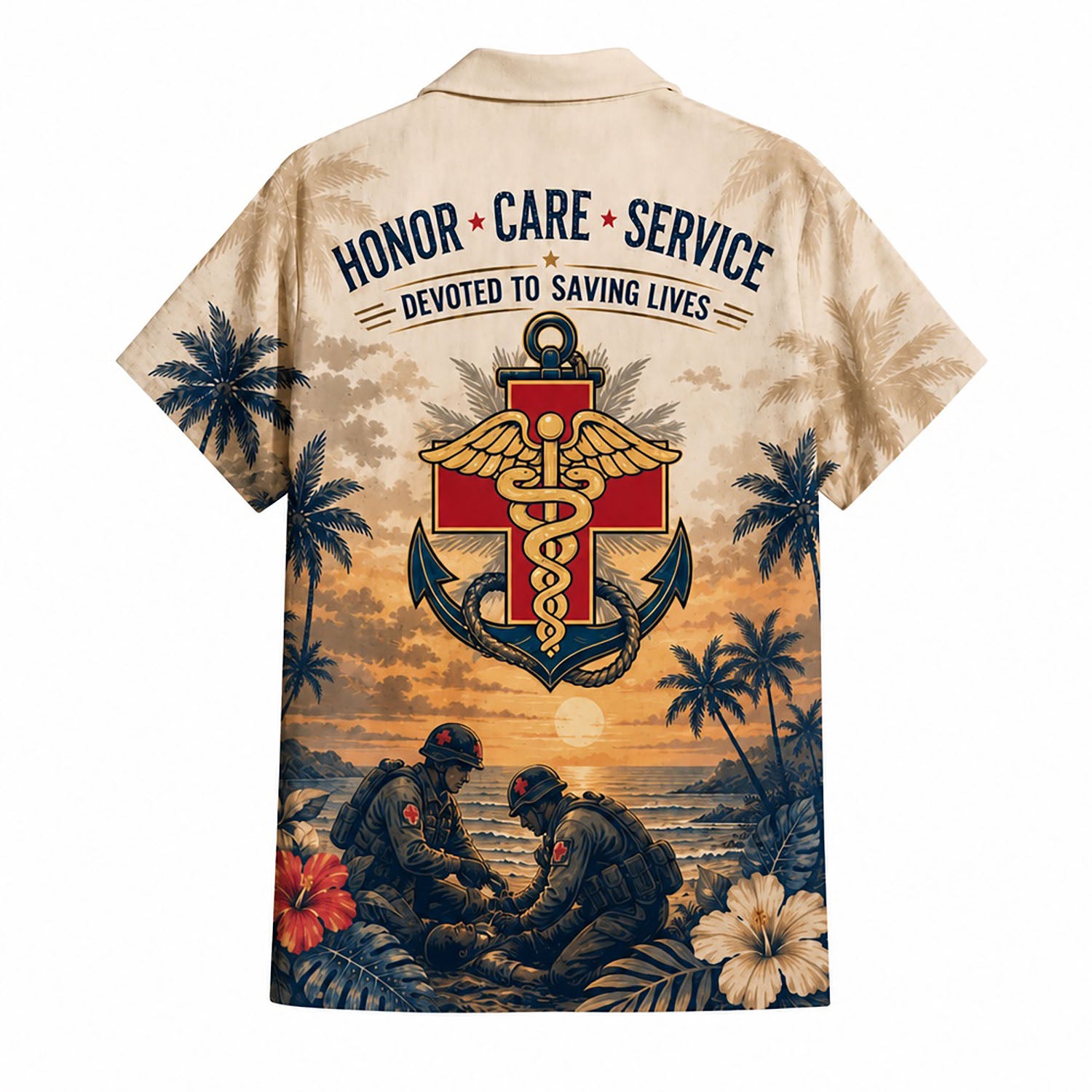 Back view mockup of the USN military medic shirt featuring a large Caduceus anchor emblem and an artistic print of corpsmen rescuing a soldier at sunset