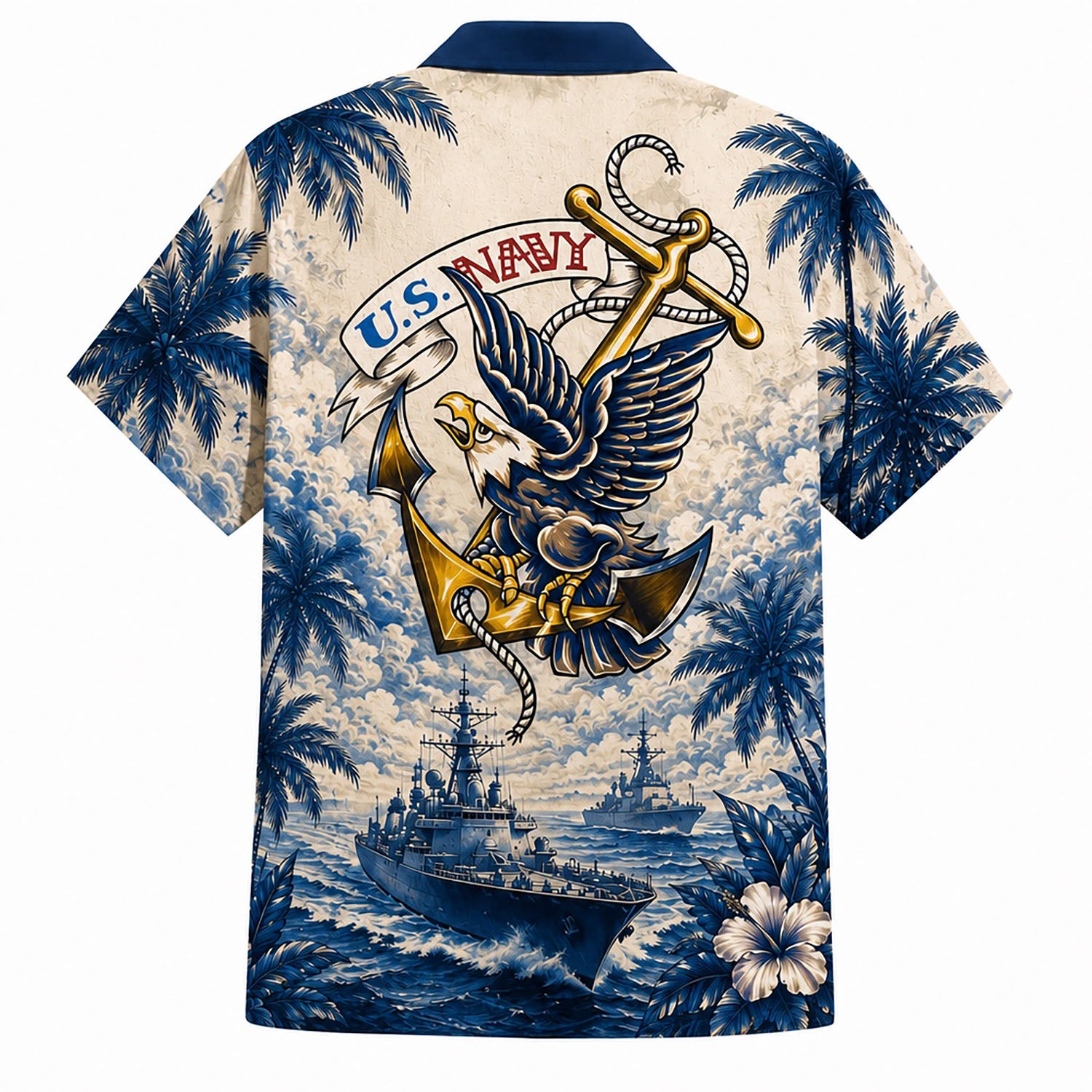 Back view mockup of the cream military shirt showing a vivid traditional screaming eagle, gold naval anchor, and deep blue ocean fleet scenery
