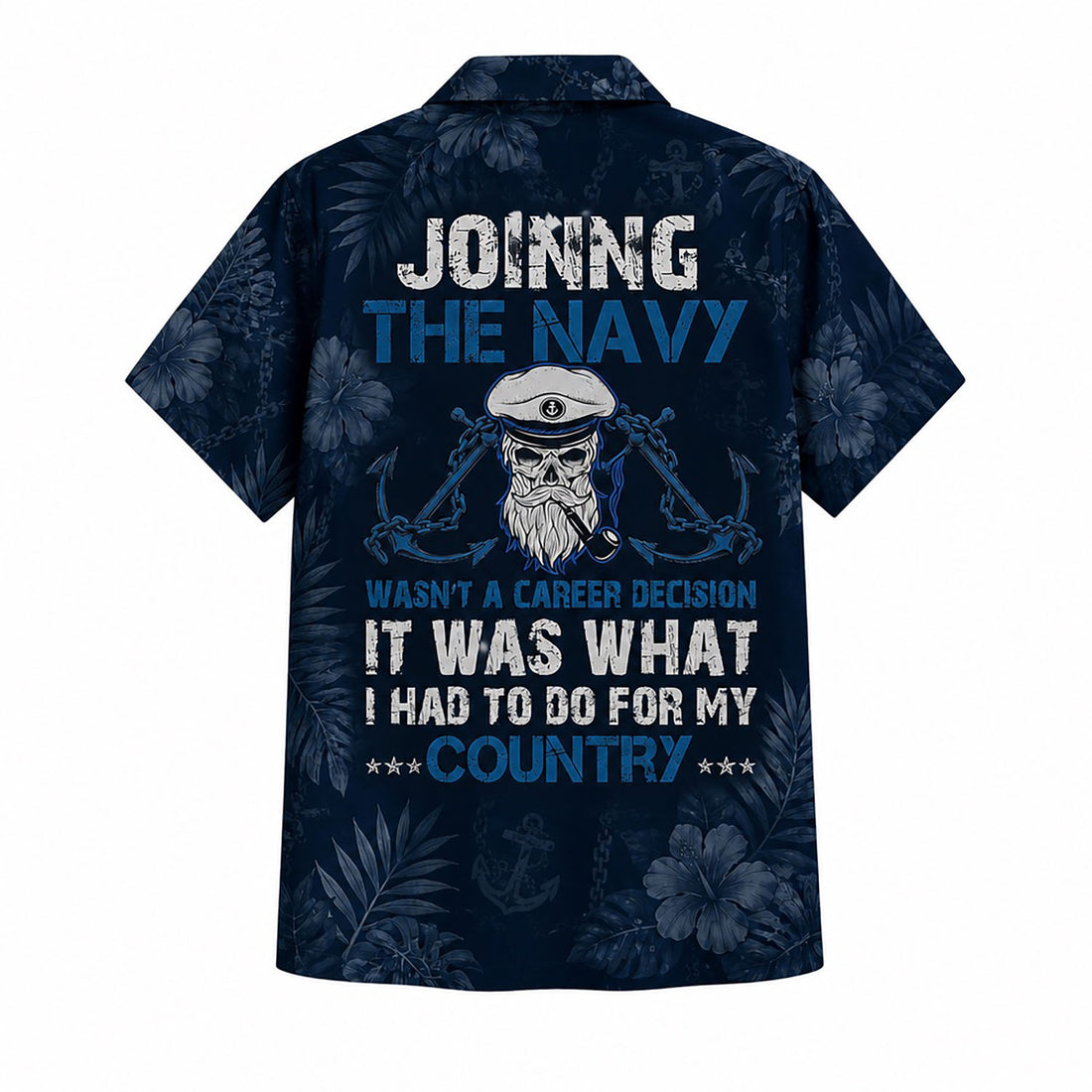 Front flat-lay view of the Personalized US Navy Hawaiian Shirt with a gold custom rank crest and nameplate block