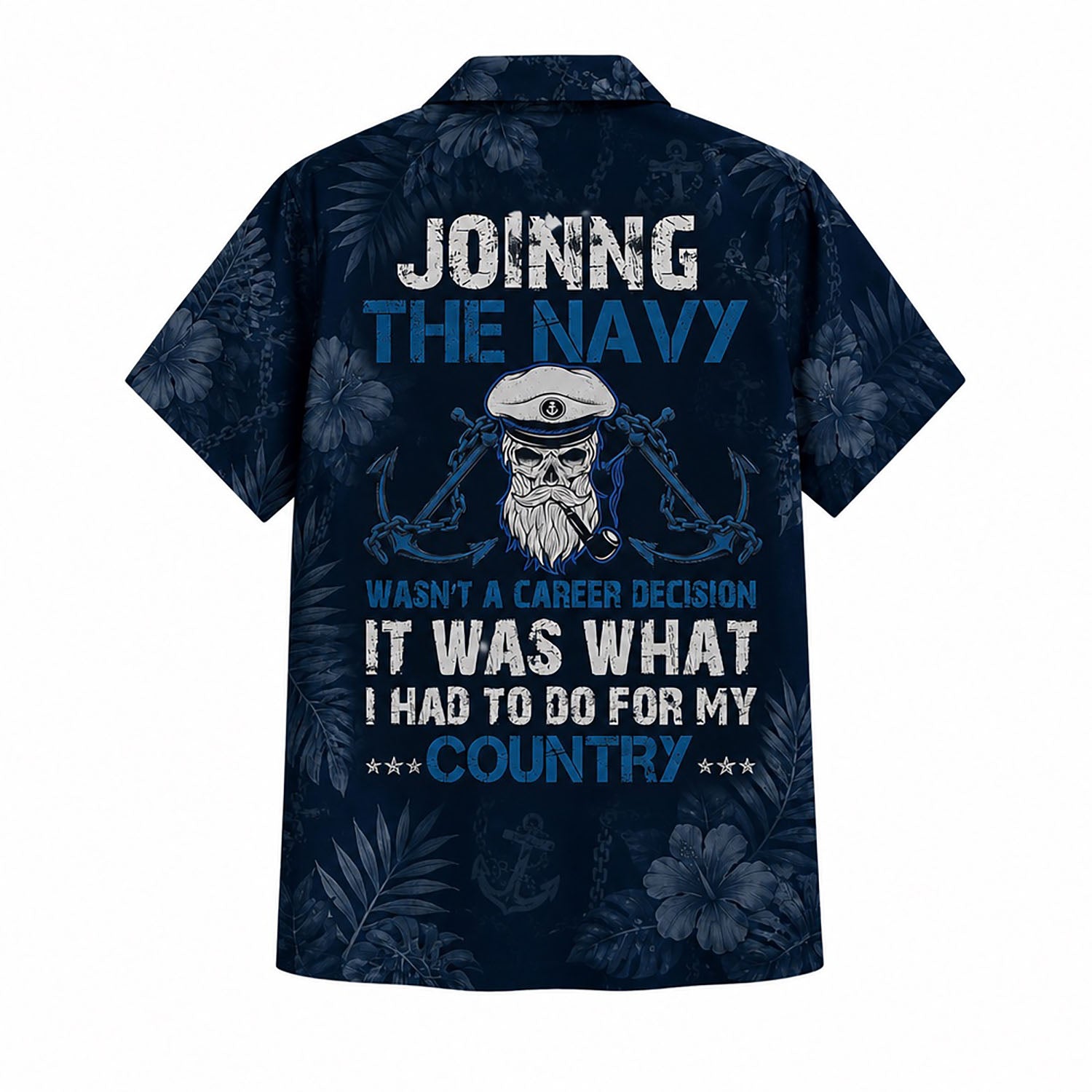 Back view mockup of the US Navy shirt showing the patriotic country decision text and a bearded old sailor skull graphic