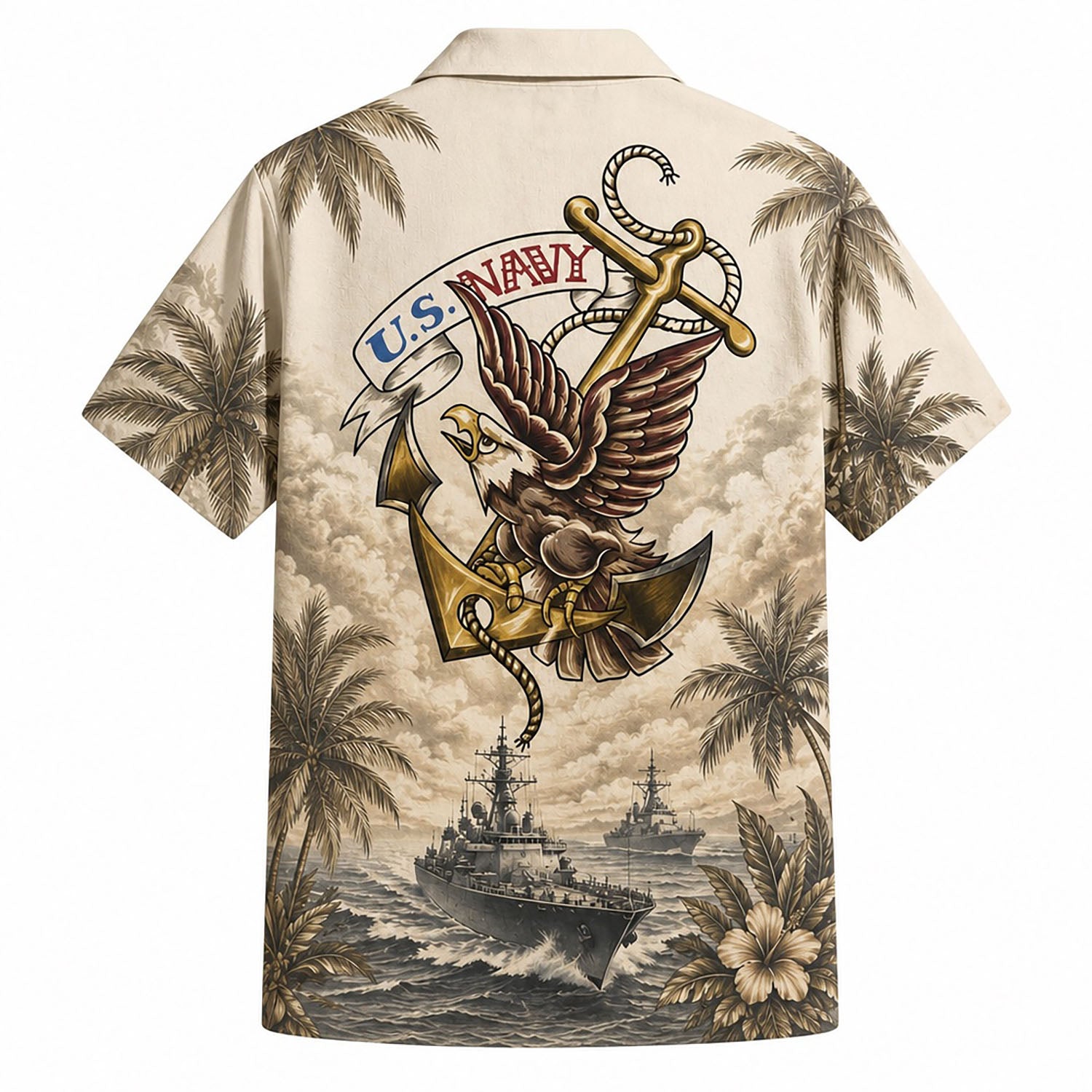 Back view mockup of the beige military shirt showing a classic tattoo-style screaming eagle clutching a gold navy anchor with warships
